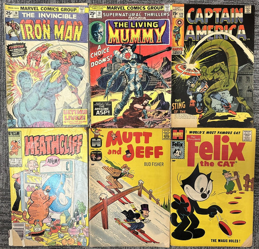 Vintage Comic Book Lot (6) Marvel Iron Man #70, Captain America #122, Living Mummy + Felix, Heathcli