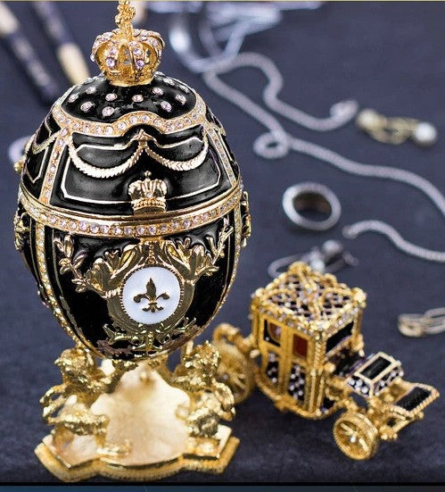 Royal Imperial Black Russian Fabergé Egg Replica with Black Carriage