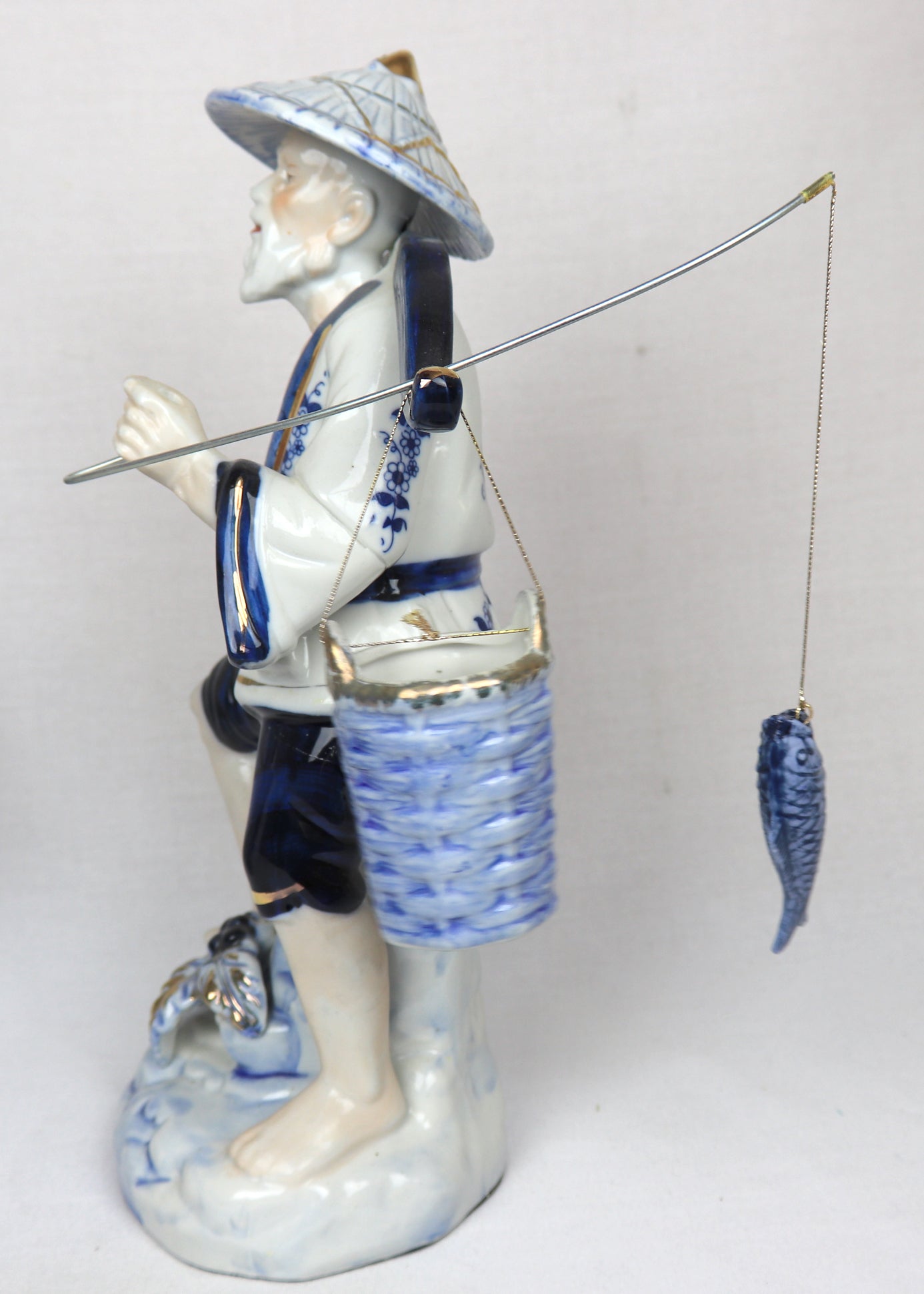 Vintage Blue & White Porcelain Asian Fishermen Figurines – Pair – Hand Painted