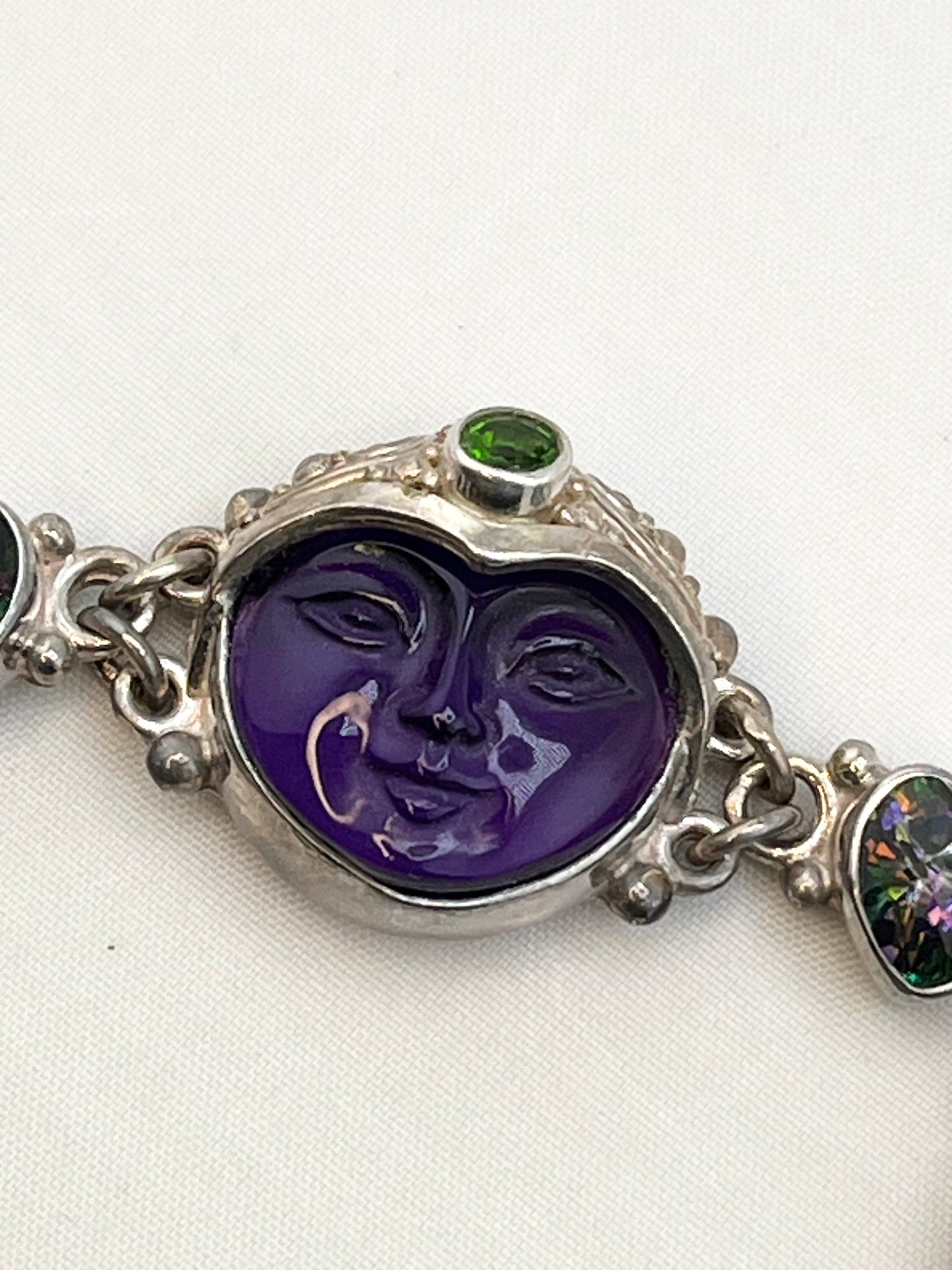 925 Sterling Silver Signed Sajen Hand Made Carved Amethyst And Mystic Topaz Accent Bracelet
