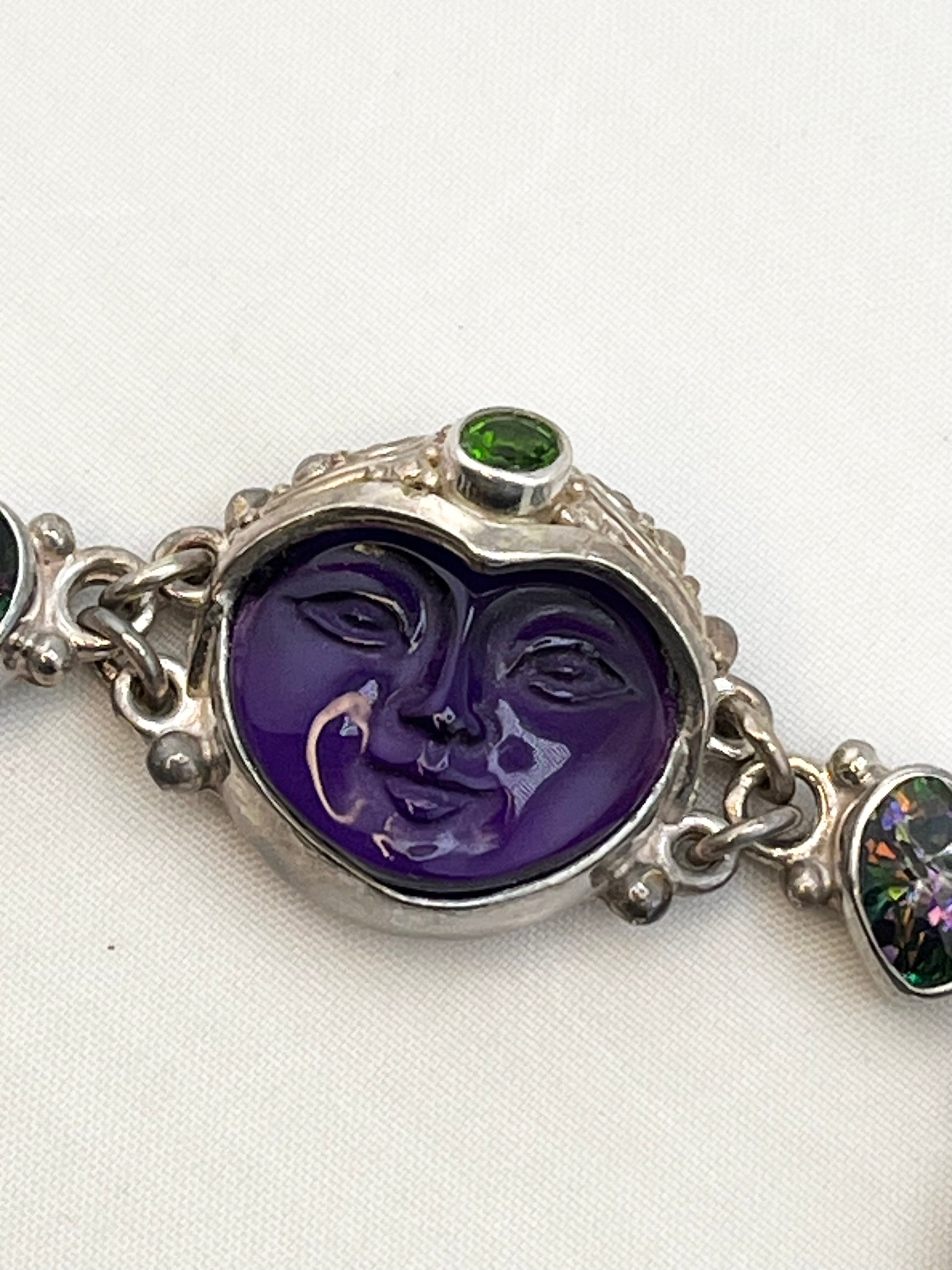 925 Sterling Silver Signed Sajen Hand Made Carved Amethyst And Mystic Topaz Accent Bracelet