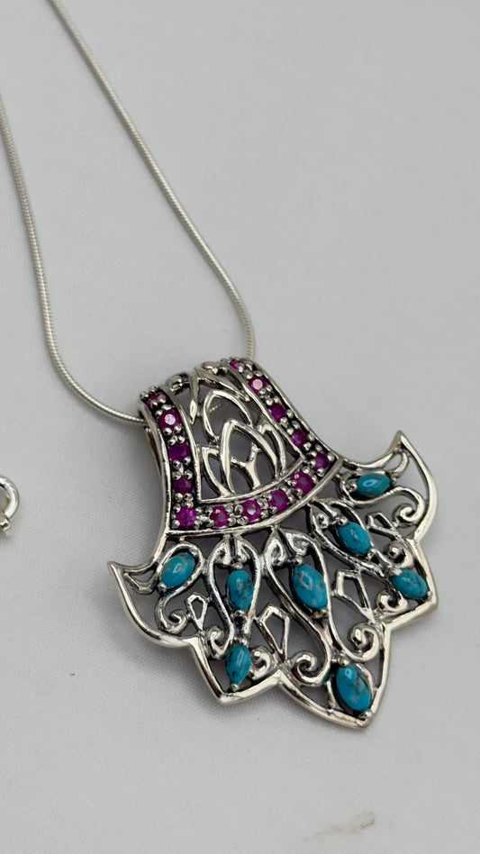 925 Sterling Silver Filigree Design Turquoise And Red Stone Details Necklace