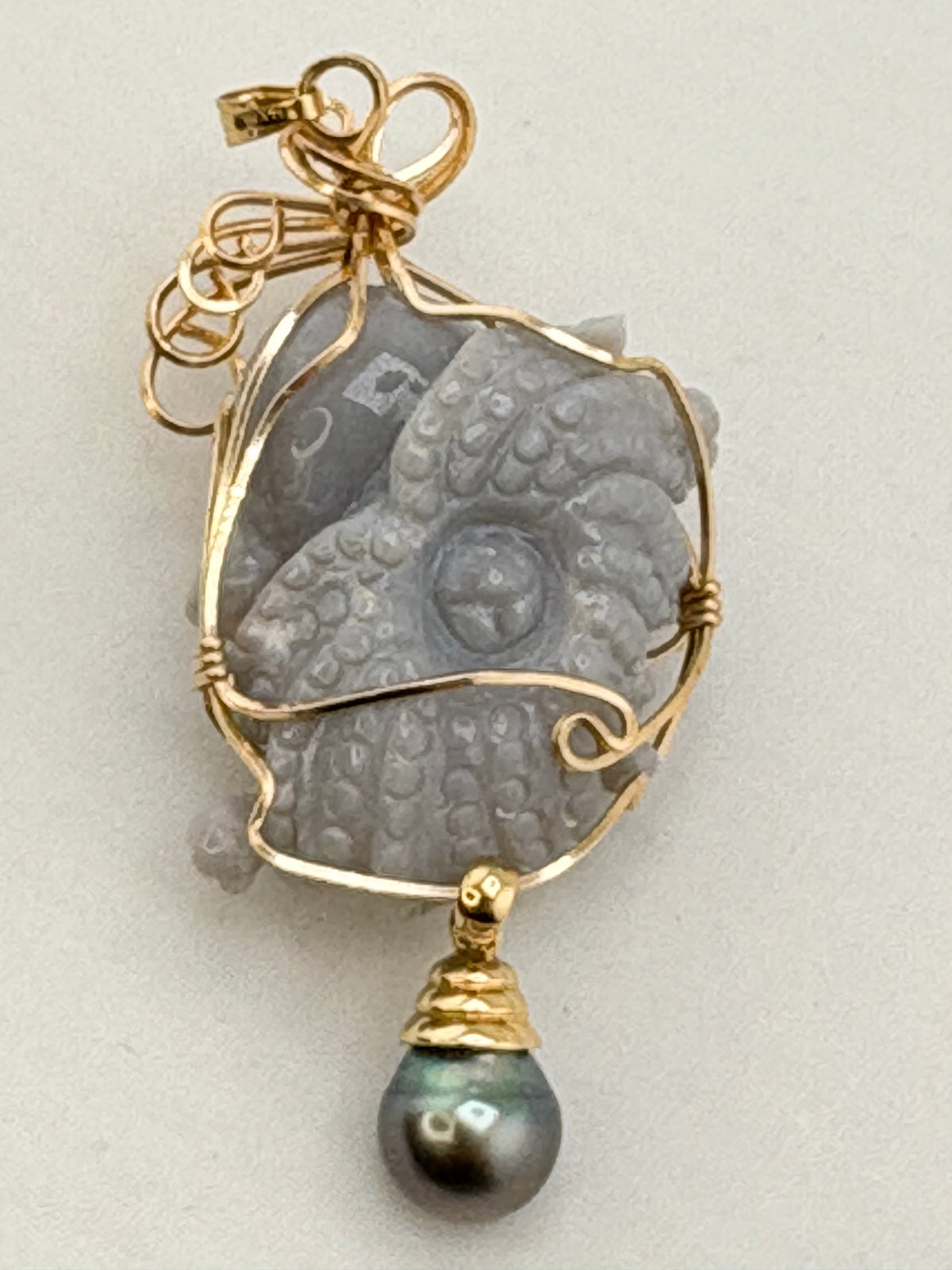 14KT Yellow Gold Hand Carved Jade Octopus  Wrapped In Wire Gold With Pearl Drop Pendant