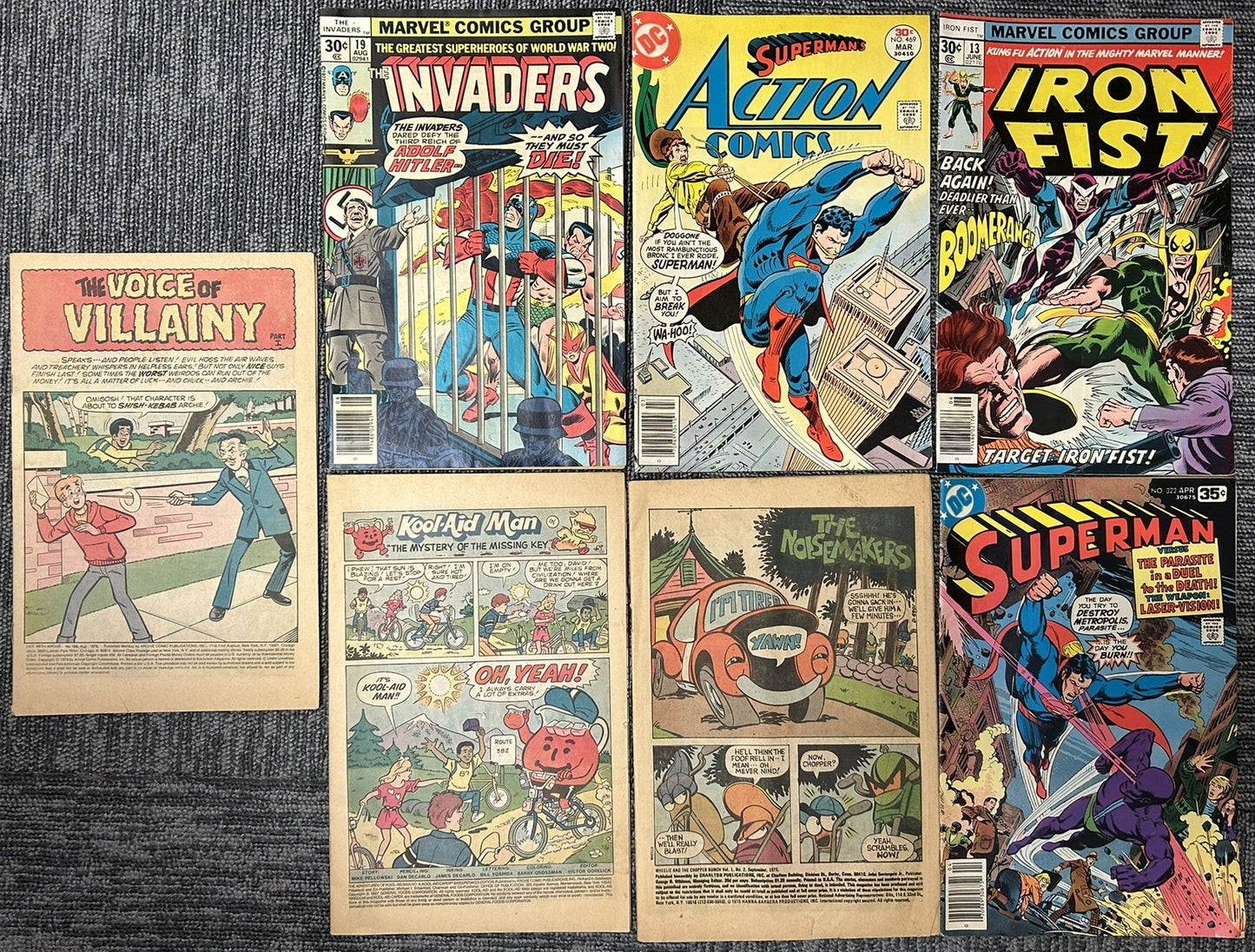 Vintage Comic Book Lot – Marvel & DC Bronze Age (Invaders #19, Iron Fist #13, Superman Action Comics
