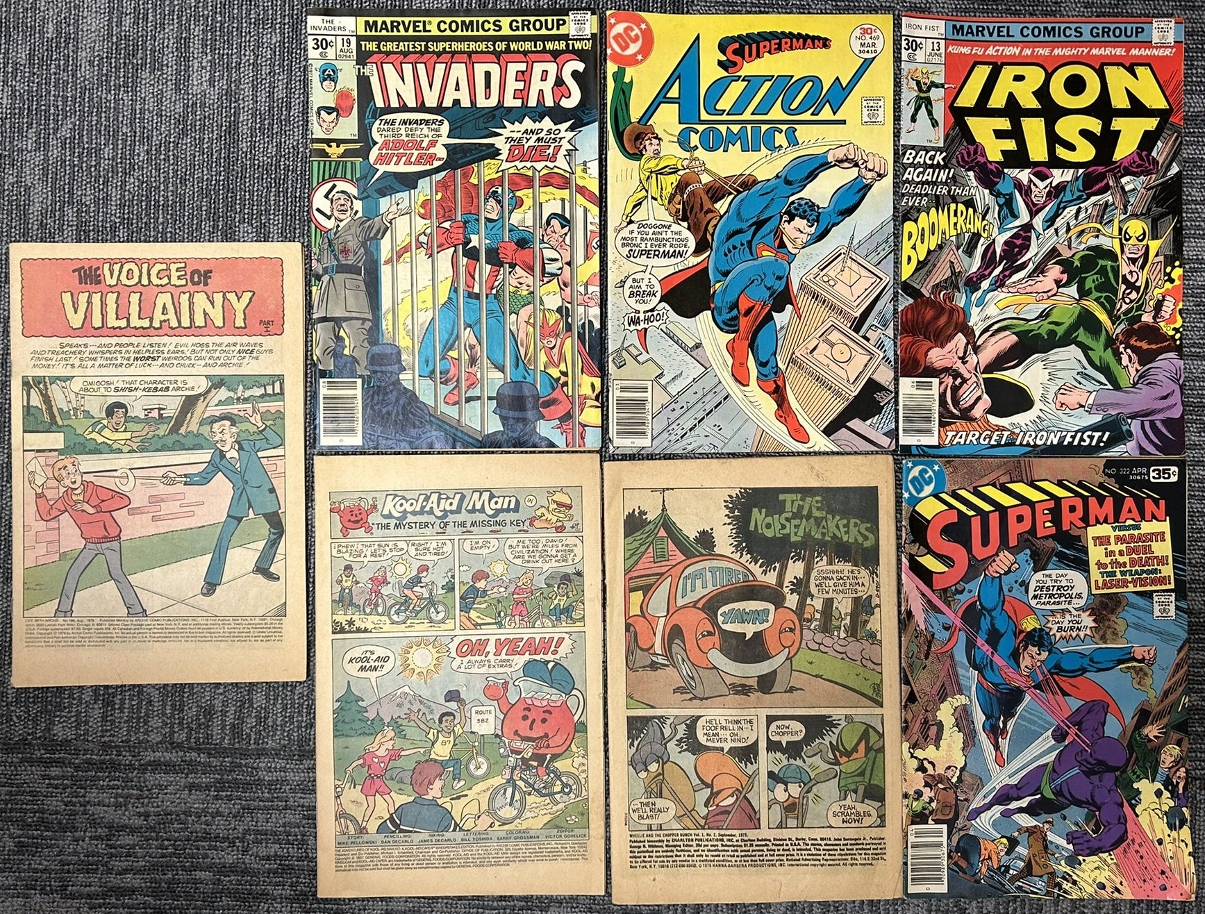 Vintage Comic Book Lot – Marvel & DC Bronze Age (Invaders #19, Iron Fist #13, Superman Action Comics