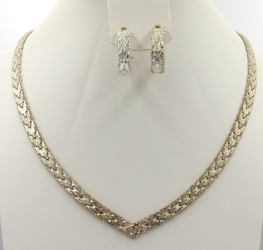 Set of 925 sterling silver textured basketweave chevron V shaped necklace and earrings