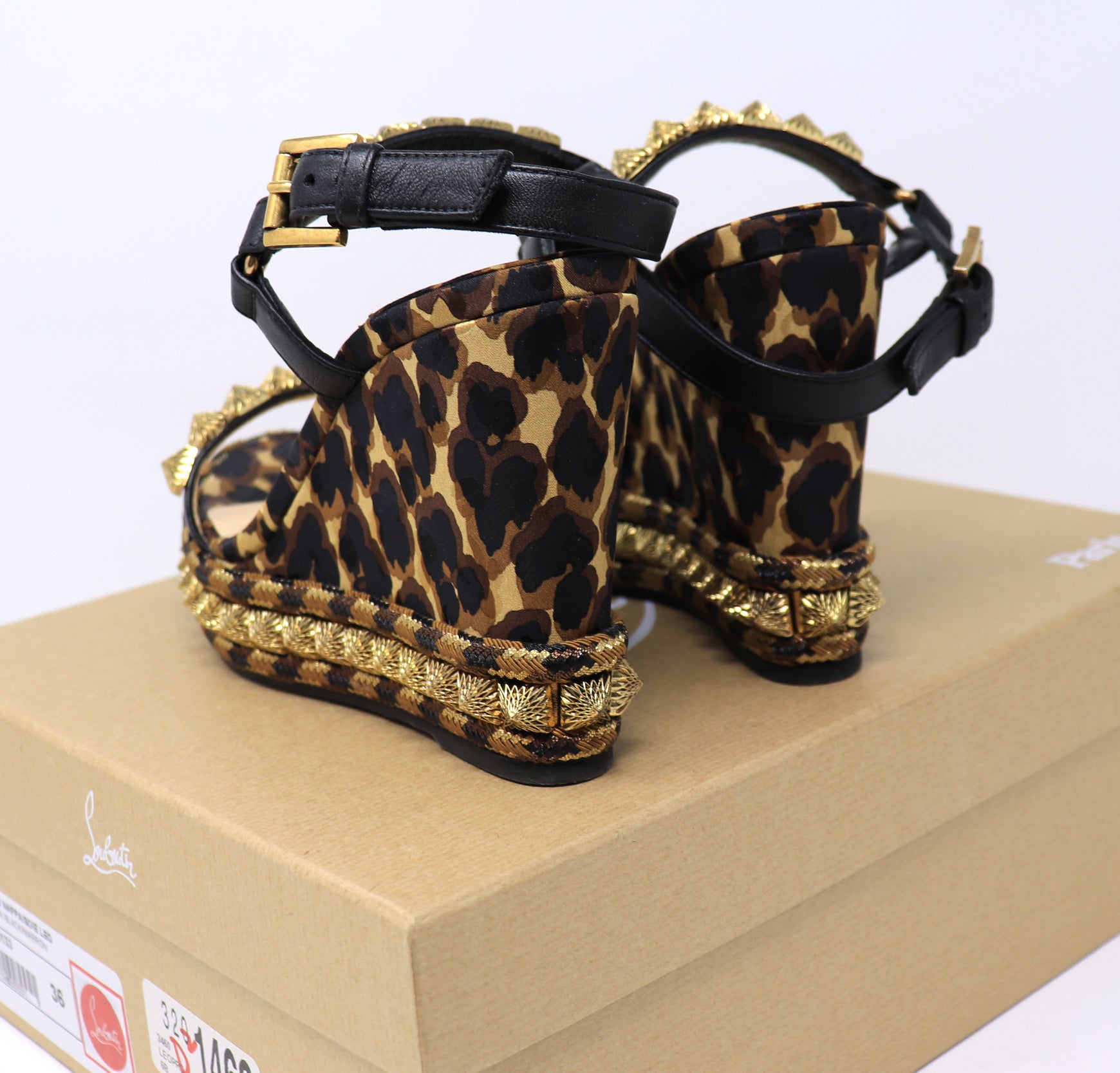 Christian Louboutin Nappa Silk Leopard Pira Ryad 110 Wedge Sandals 36 Black Marron