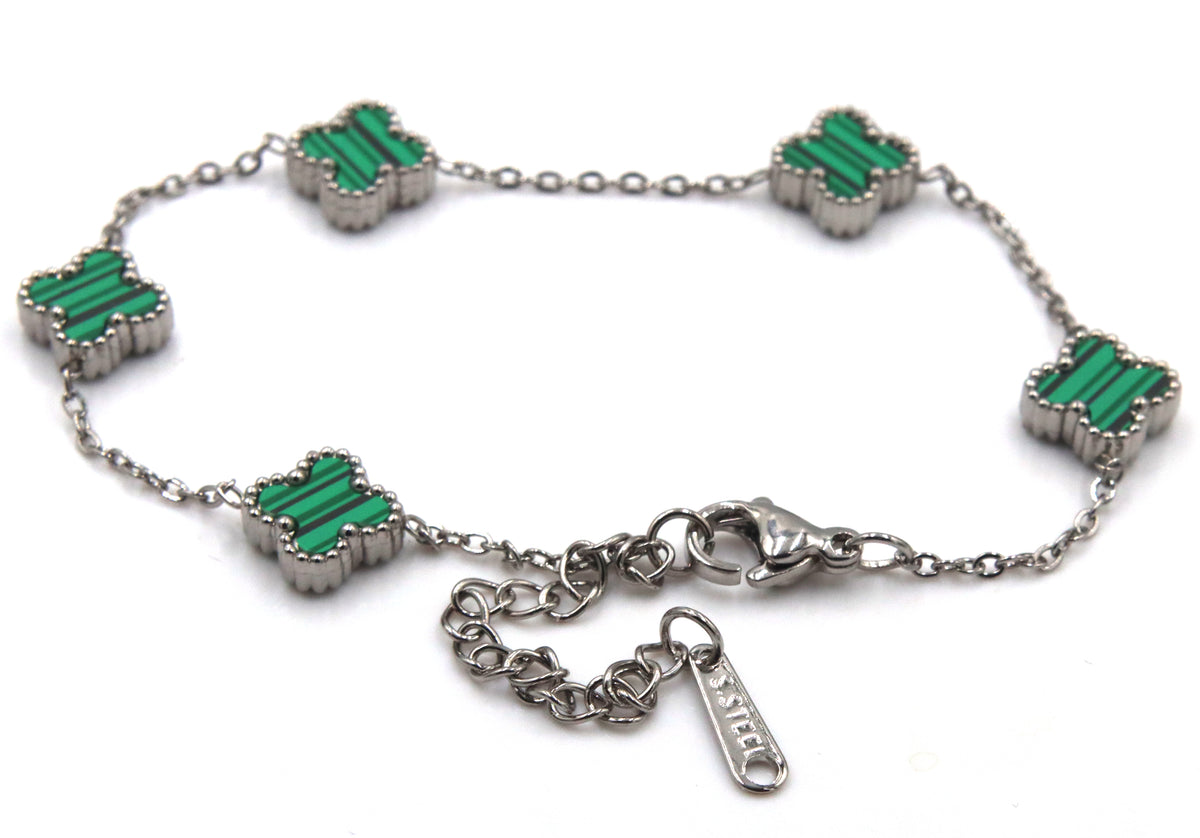 Stainless steel green stone clover station bracelet