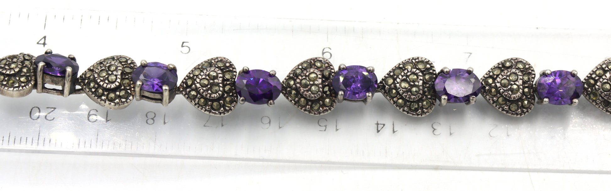 925 Sterling silver marcasite and amethyst link bracelet