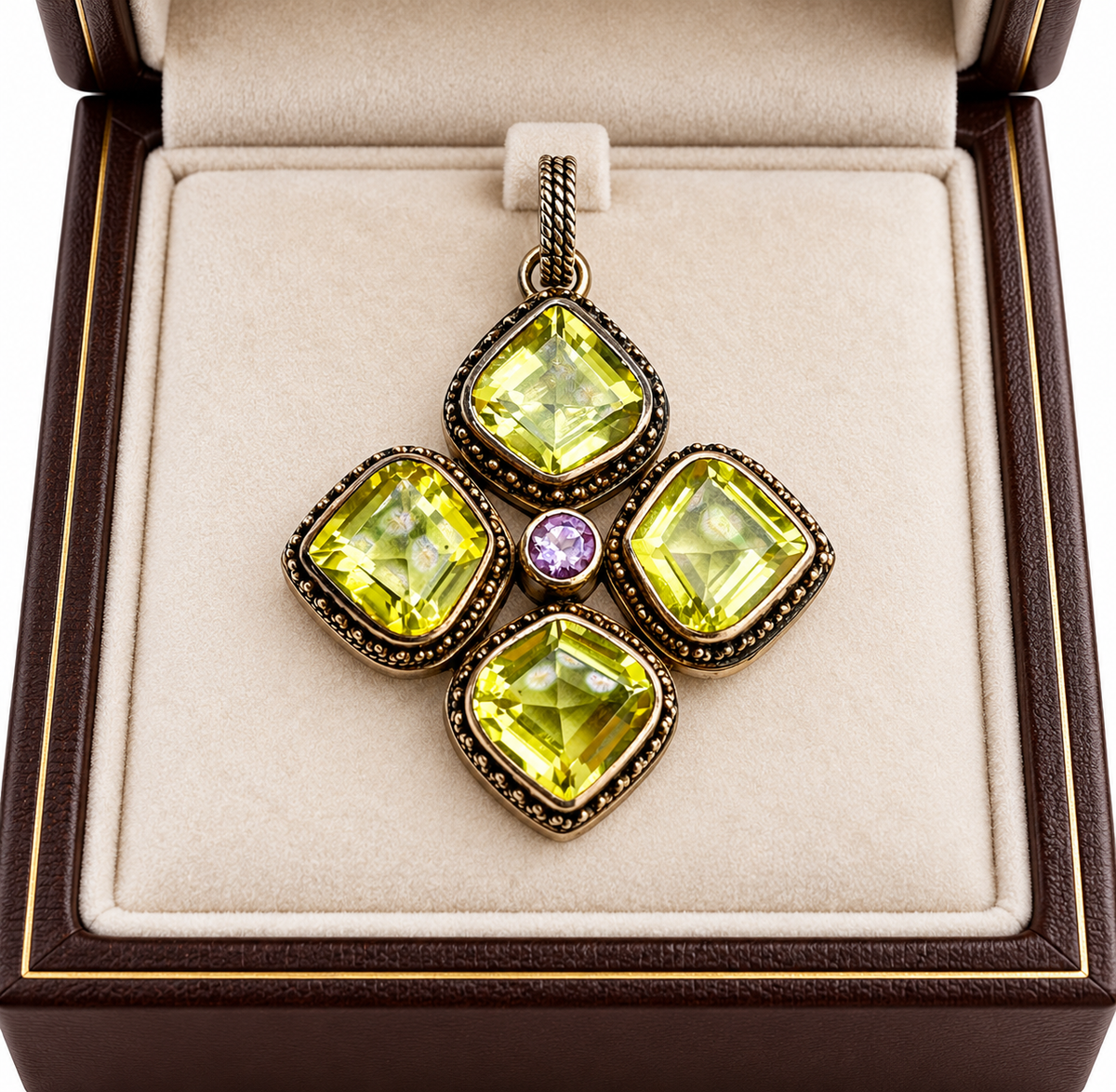 Vintage 925 Sterling Silver Lori Bonn Four Cushion Cut Lemon Citrine Pendant