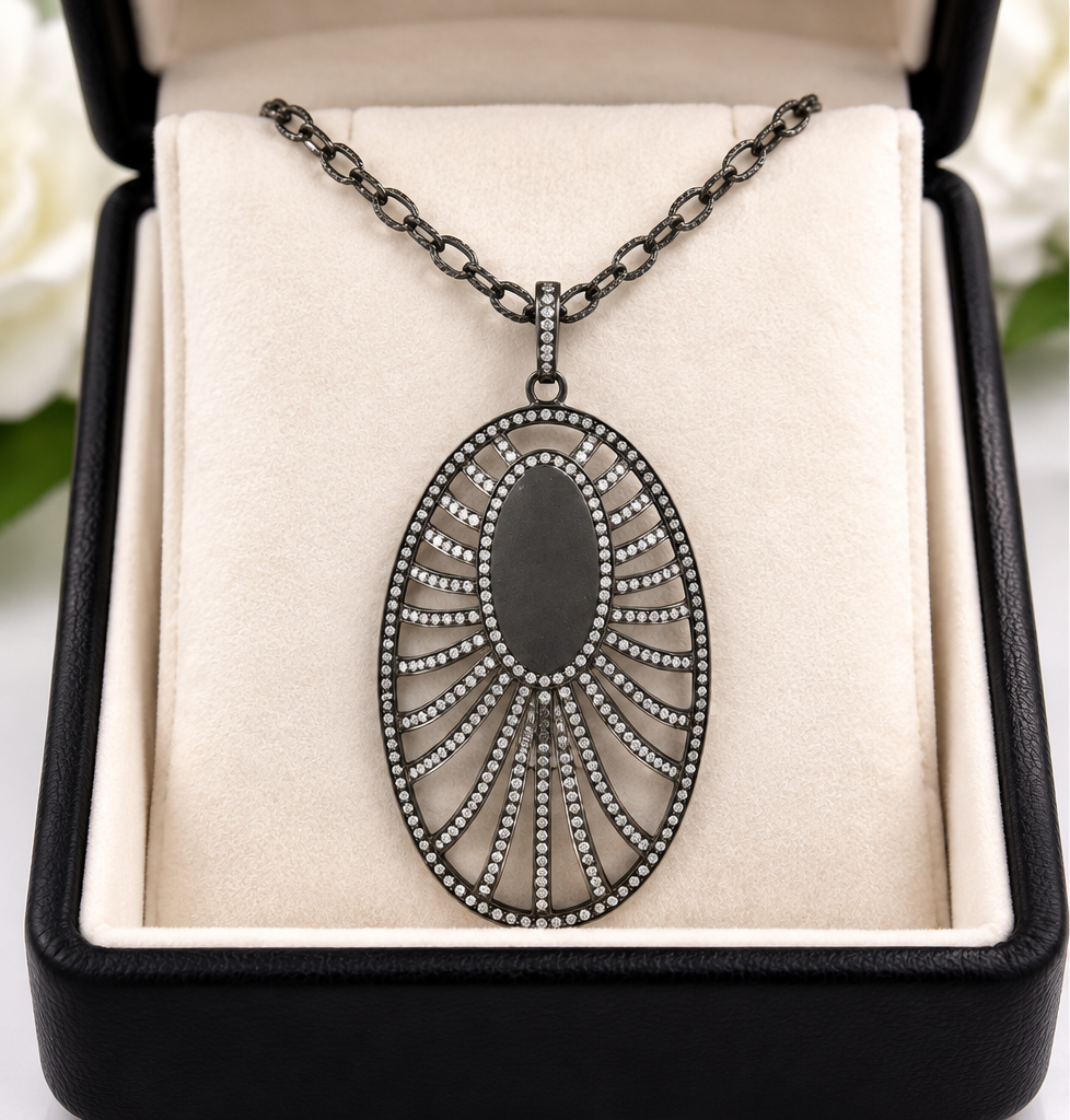 Edgy Oxidized Sterling Silver Openwork Art Deco Style Oval Necklace