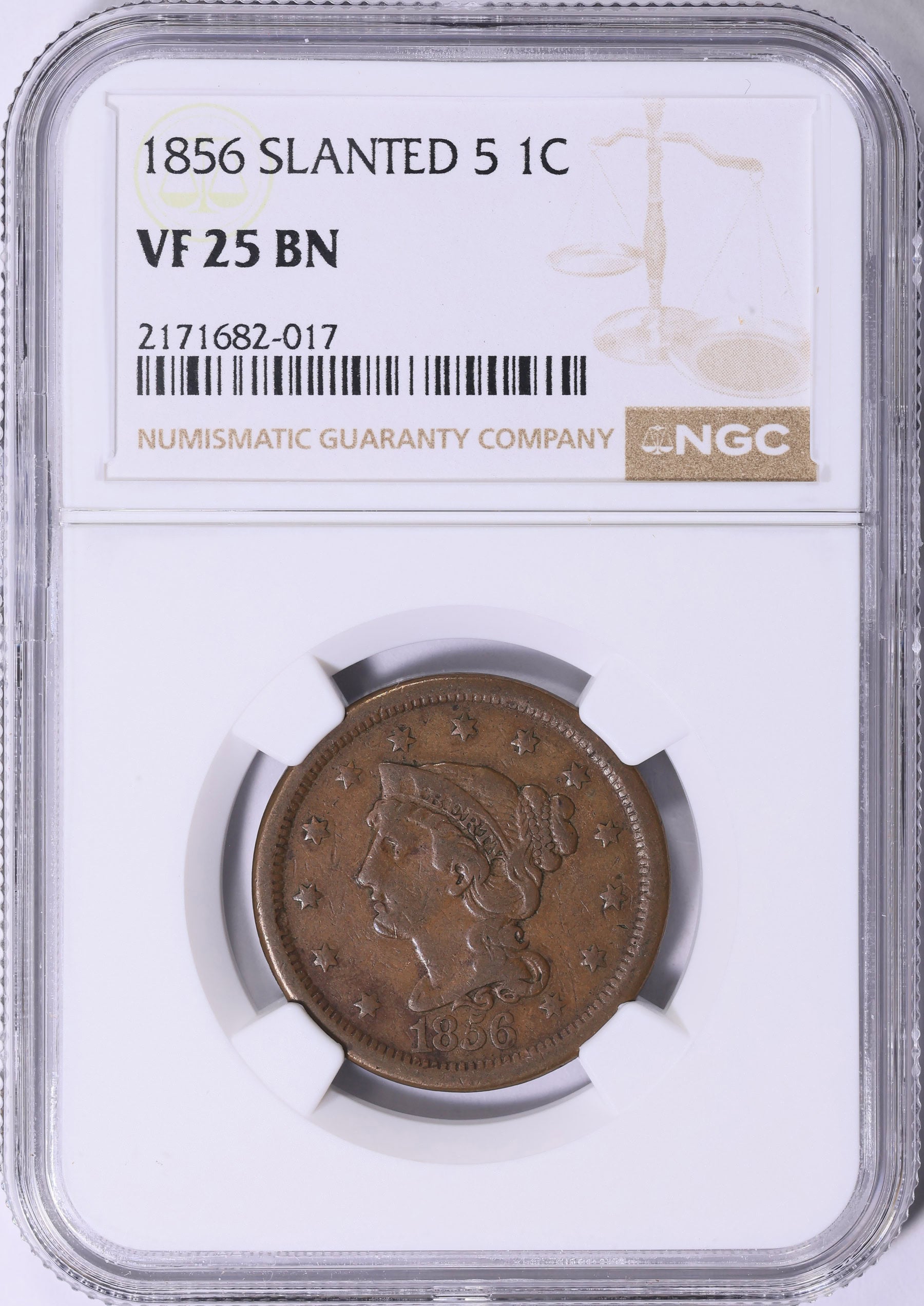 1856 Braided Hair Large Cent Slanted 5 Variety NGC VF-25 BN Better Date U.S. Copper