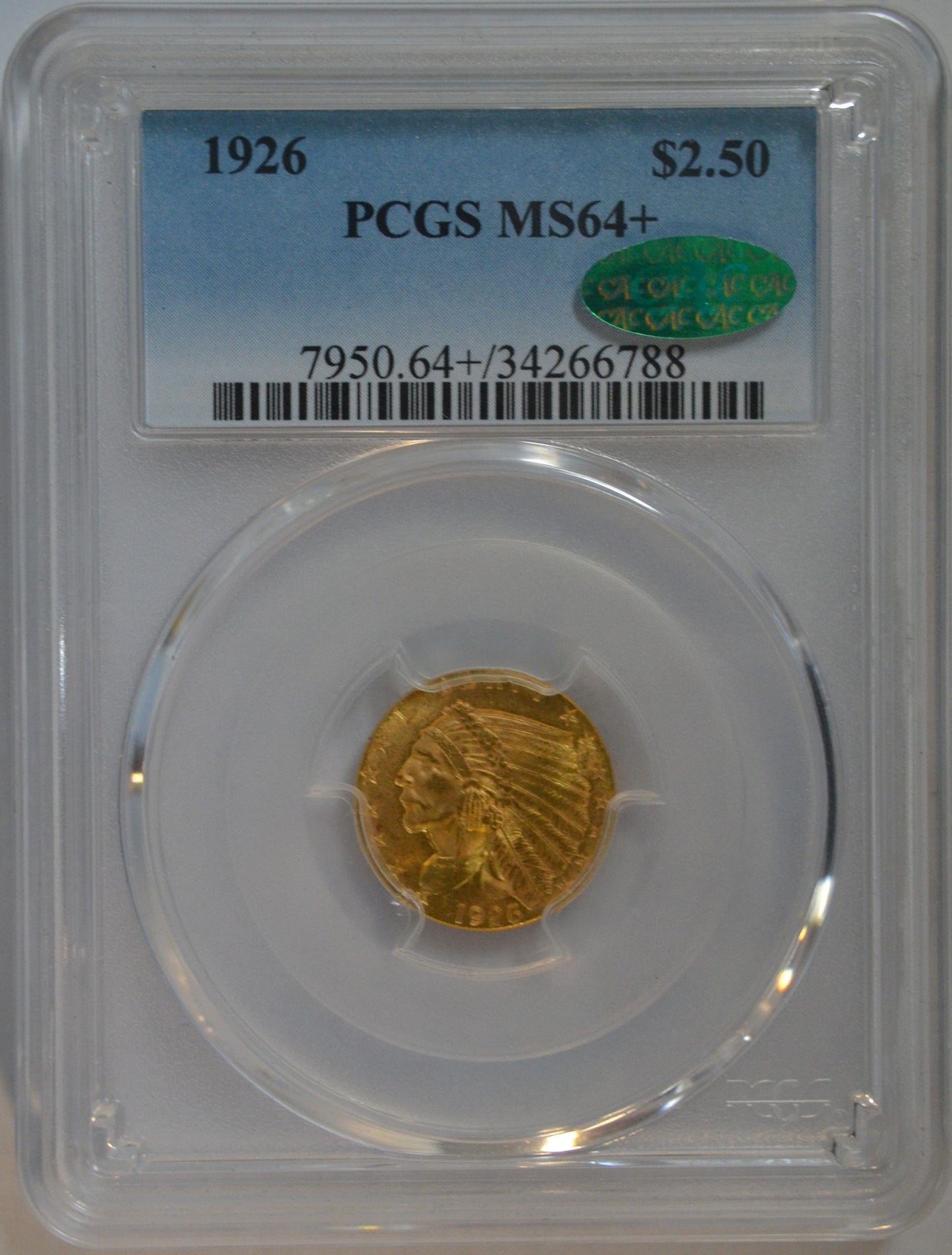 1926 $2.50 Indian Head Quarter Eagle Gold Coin – PCGS MS64+ CAC