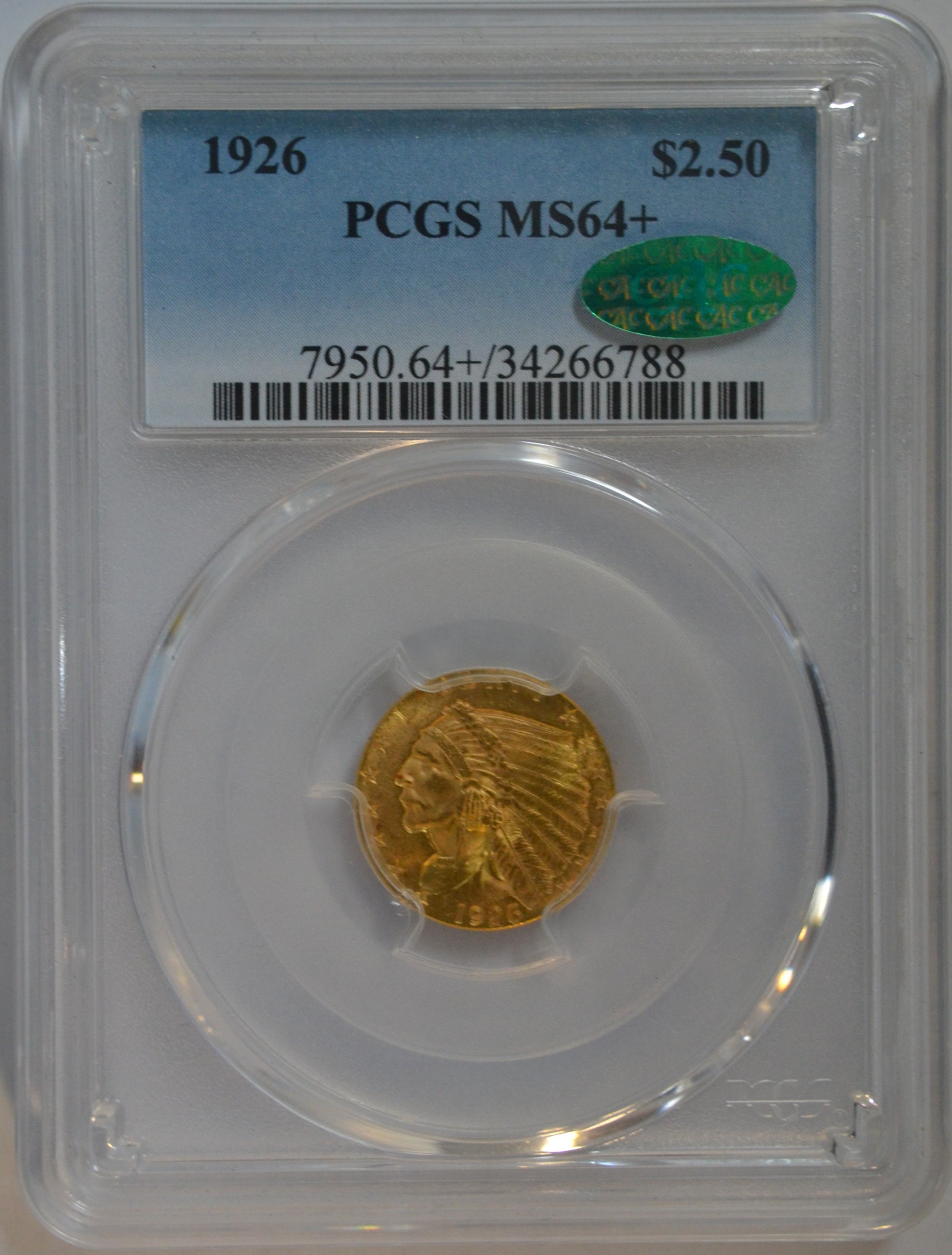 1926 $2.50 Indian Head Quarter Eagle Gold Coin – PCGS MS64+ CAC