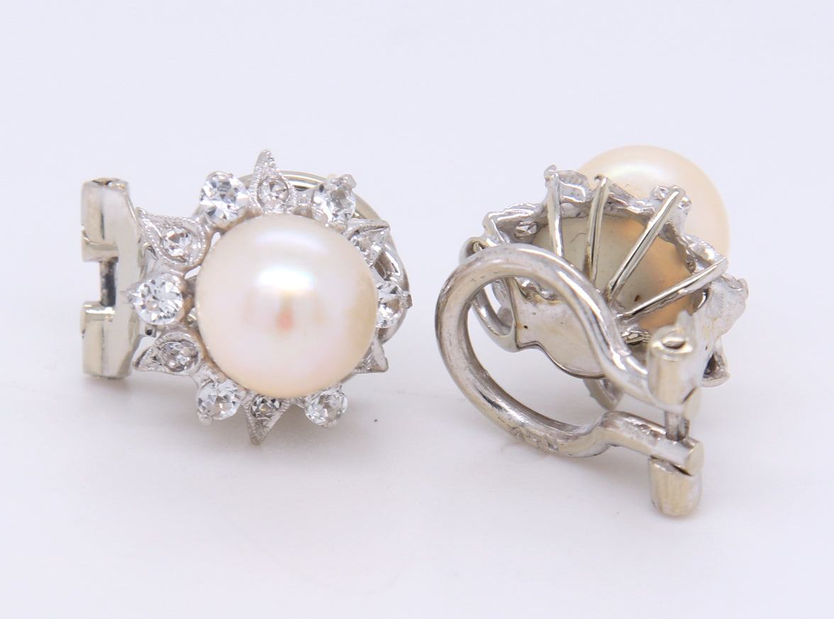 Powerful 18kt Pearl and Cubic Zirconia Button Earrings