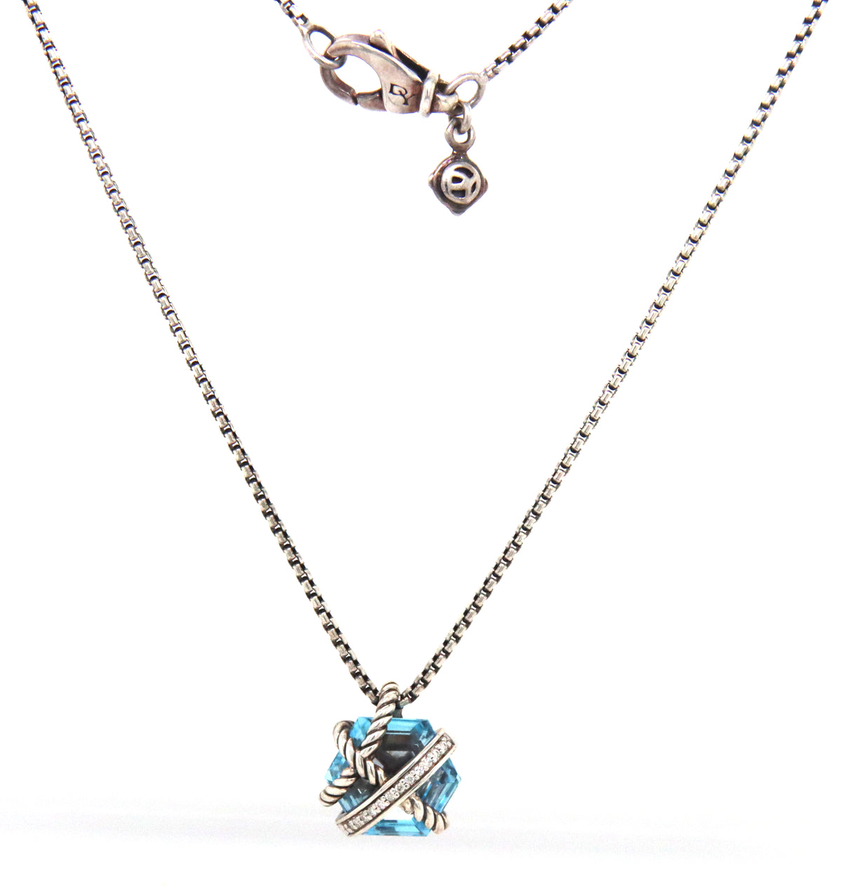 David Yurman cable wrap blue topaz and diamond pendant on adjustable chain