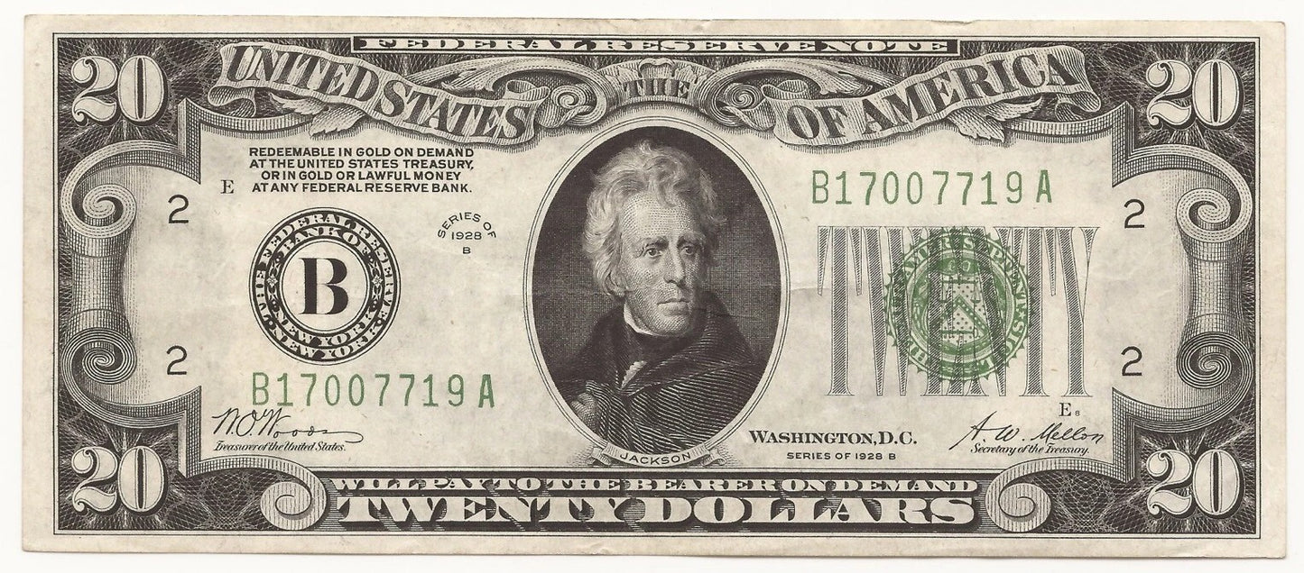 1928-B $20 Federal Reserve Note New York District (FRN-2052-B) Andrew Jackson Large Seal