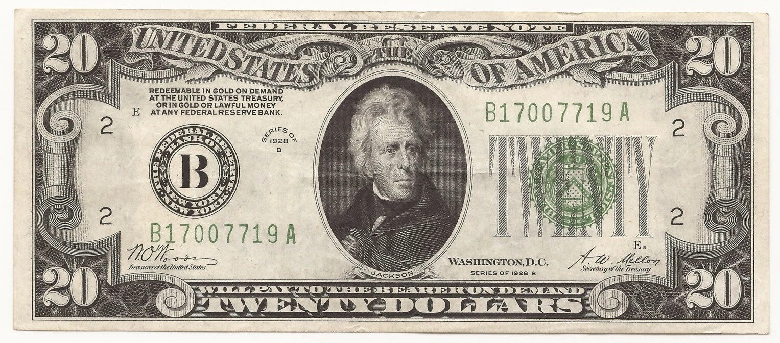 1928-B $20 Federal Reserve Note New York District (FRN-2052-B) Andrew Jackson Large Seal