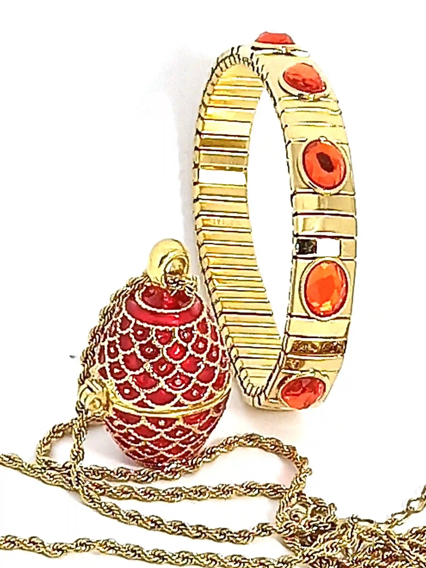 Red Guilloché Sterling Silver Egg Pendant & Bracelet Set with 24K Gold Accents