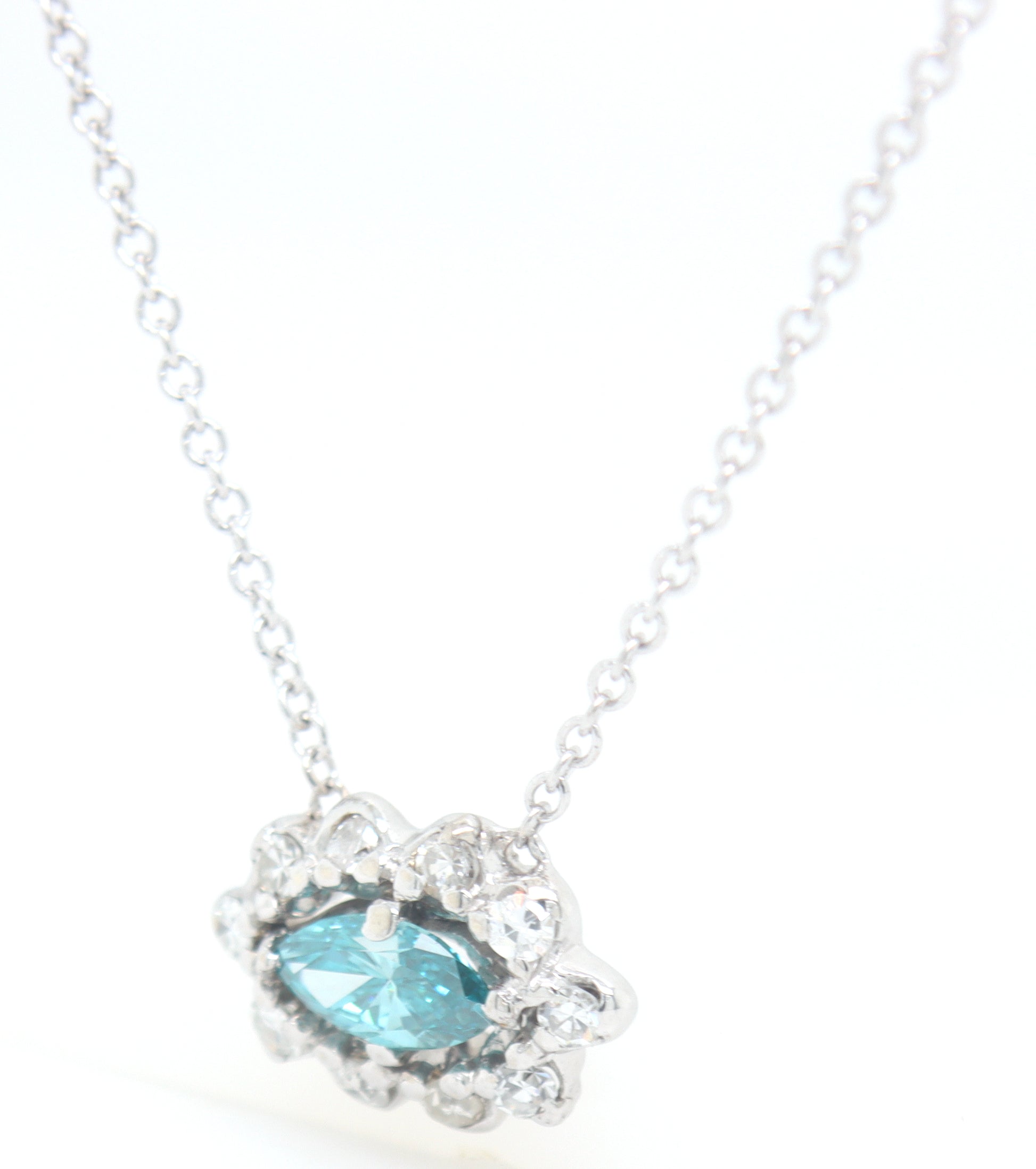 14kt White gold IR Teal and diamond necklace