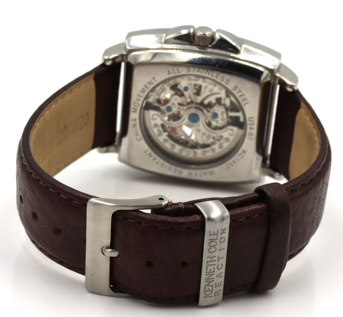 Kenneth Cole Tank Skeleton leather band watch