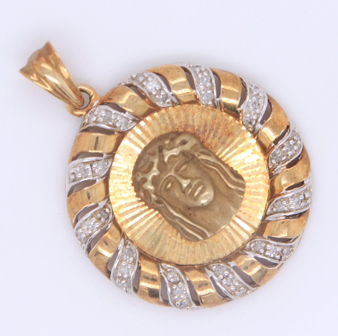 Elegant Yellow Gold Jesus Medallian Pendant with Diamond Trim