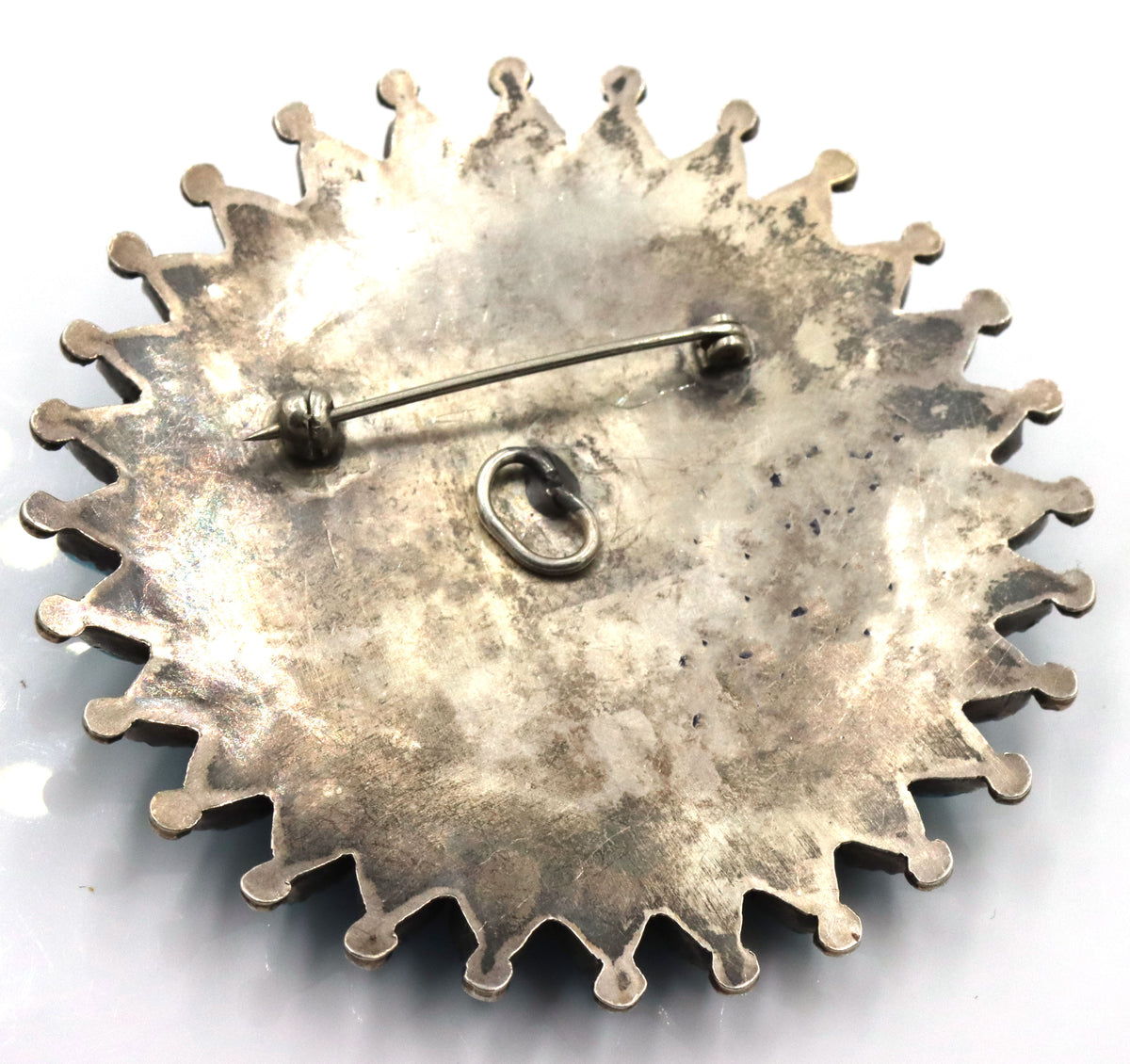 925 Sterling Silver Zuni Navajo Turquoise Cluster Round Brooch