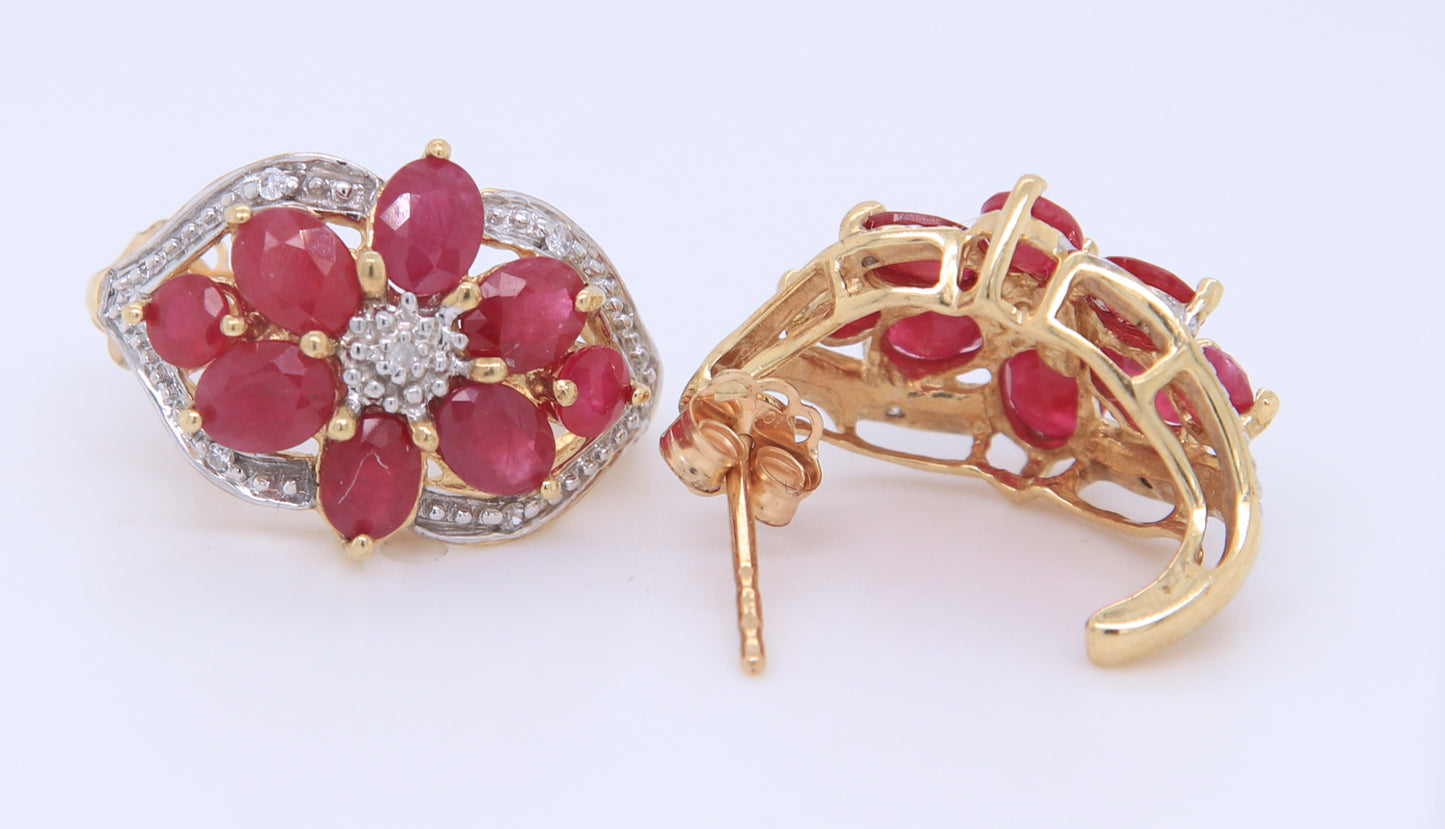 10KT Yellow Gold Flower Cluster Ruby Earrings