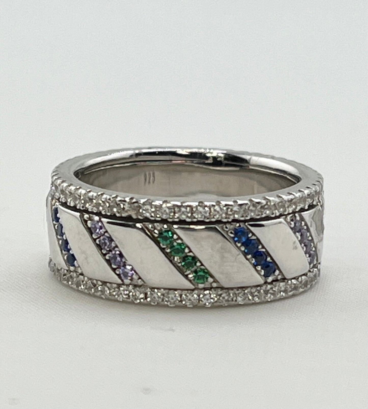 925 Sterling Silver Spinning Multi Color Stones In Rainbow Design Band