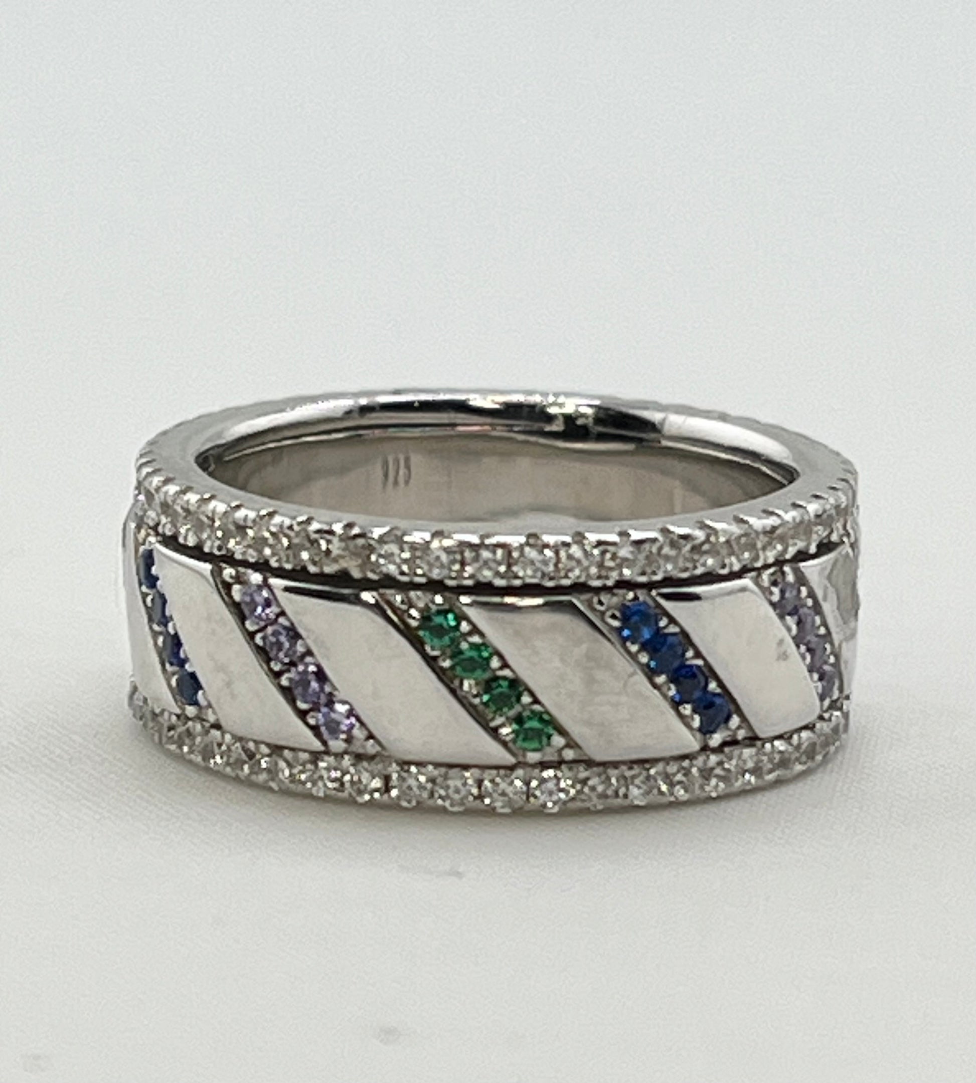 925 Sterling Silver Spinning Multi Color Stones In Rainbow Design Band