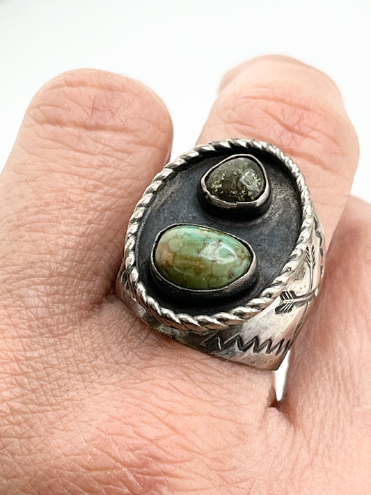 925 Sterling Vintage Natural Turquoise Silver Vintage Native American Featuring Crossed Arrows Stamp