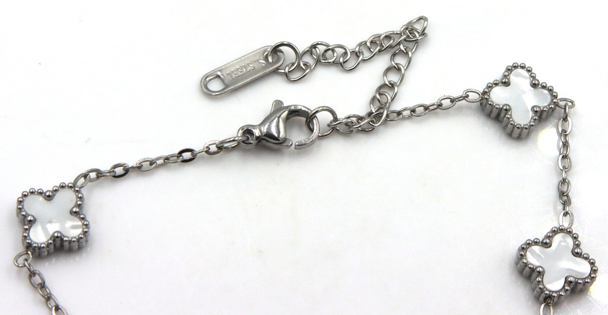 Stainless steel white stone clover station bracelet
