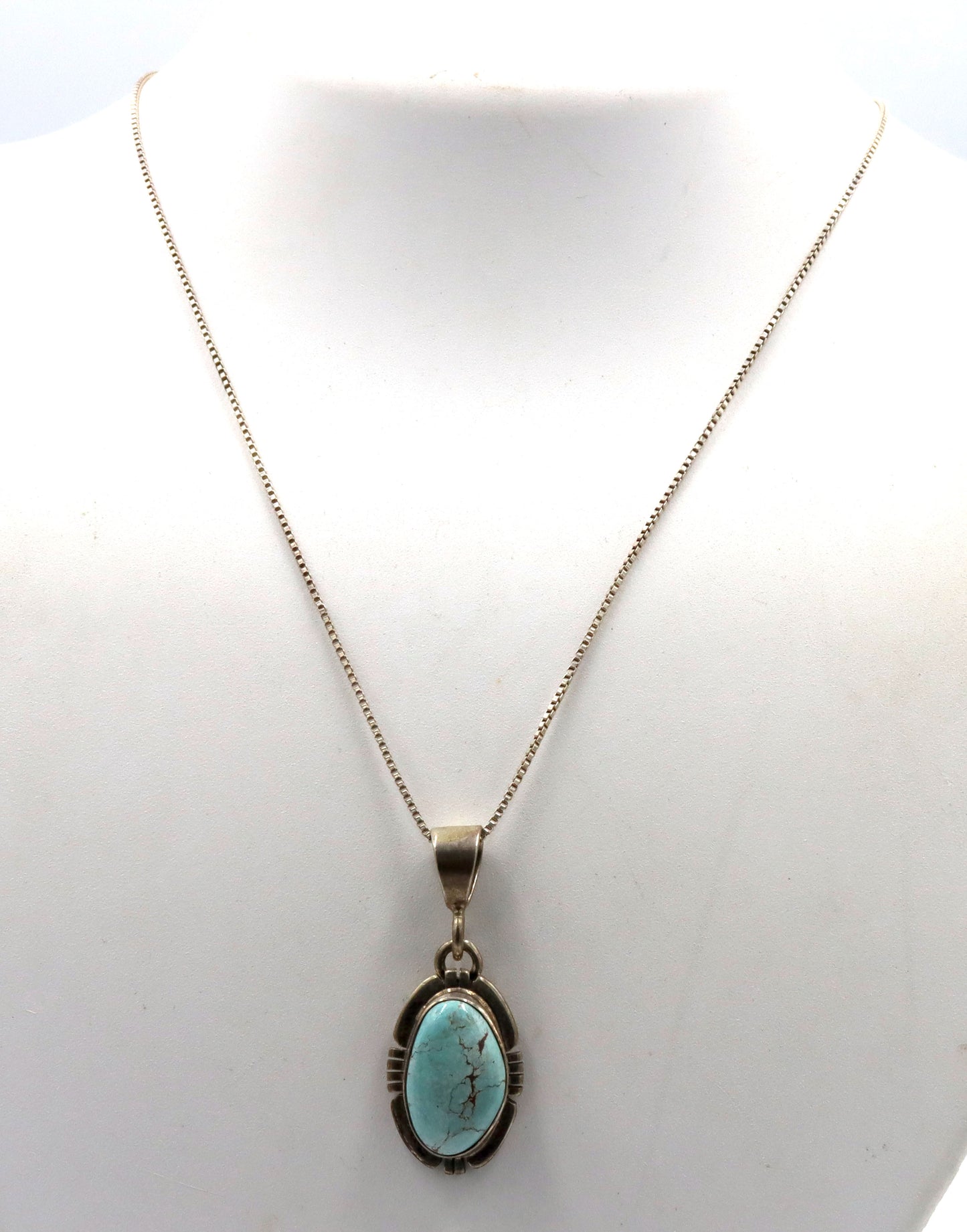 P.Sanchez signed 925 sterling silver turquoise pendant on box chain necklace