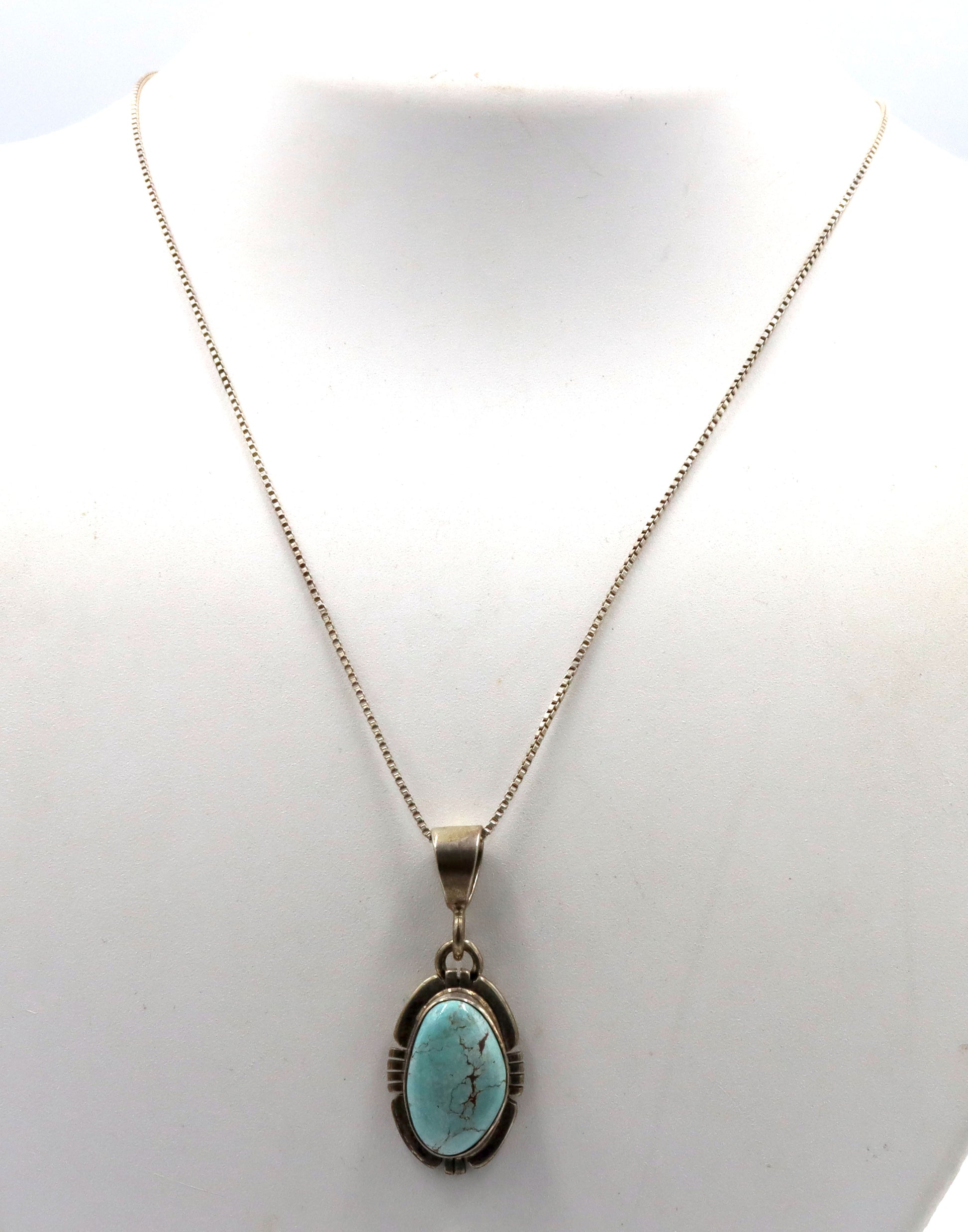 P.Sanchez signed 925 sterling silver turquoise pendant on box chain necklace