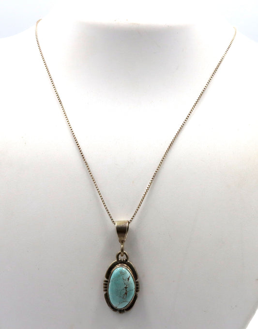 P.Sanchez signed 925 sterling silver turquoise pendant on box chain necklace