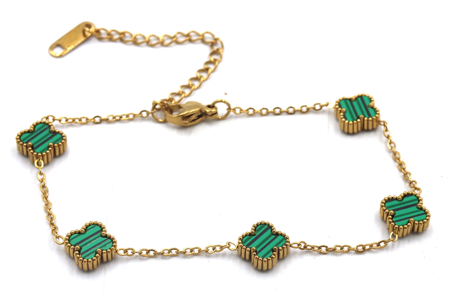 Gold plated Malachite 5 clover adjustable bracelet