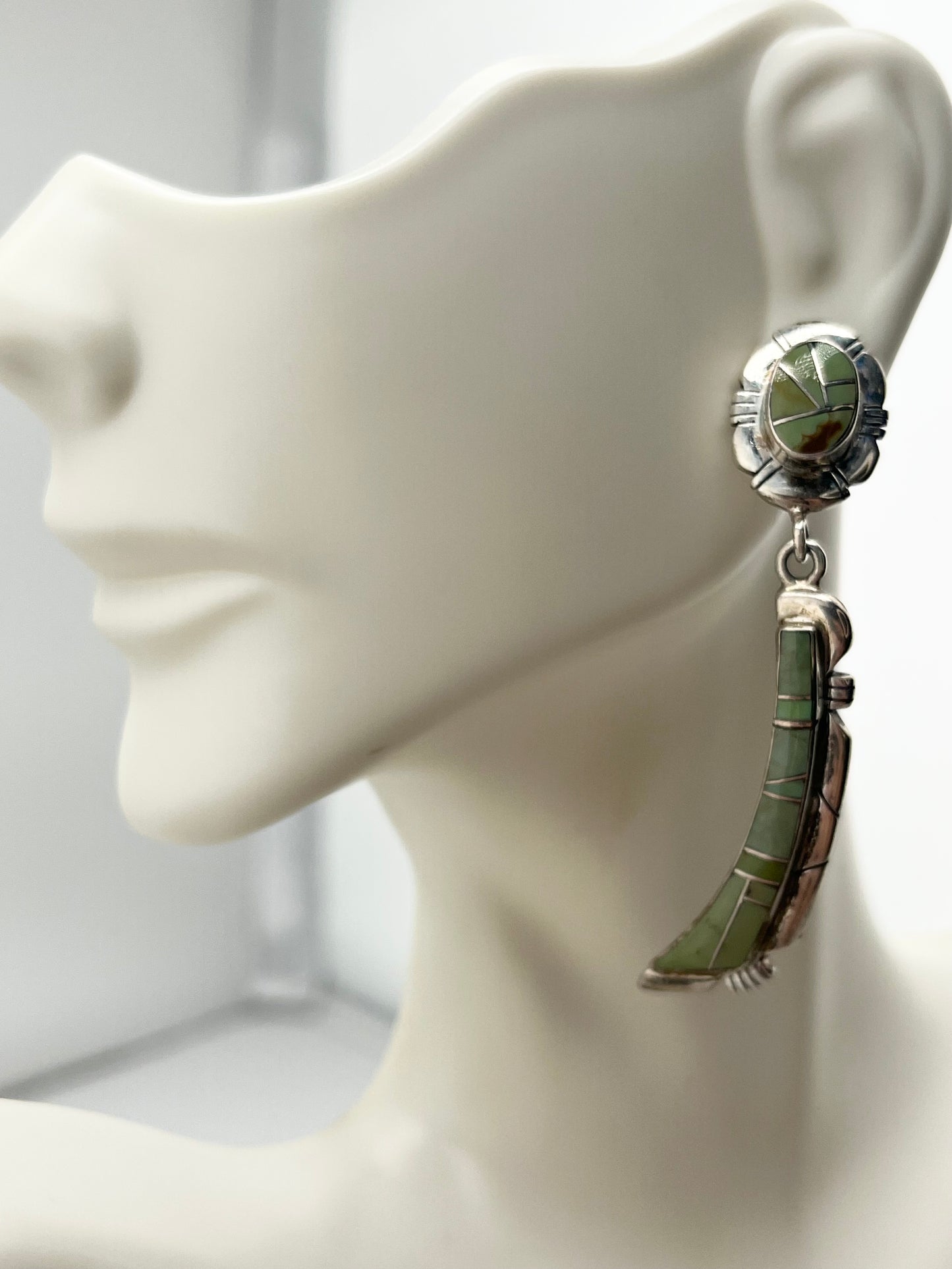925 Sterling Silver Native American Navajo Drop Green Turquoise Earrings