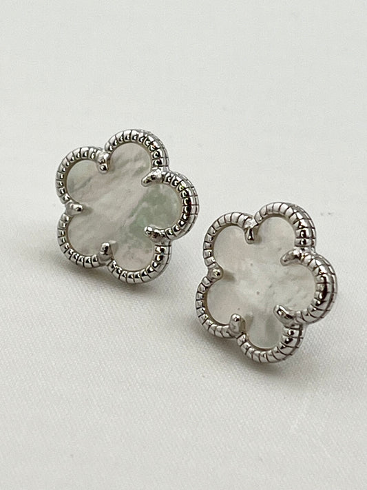295 Sterling Silver White Mother Of Pearl Four Clover Motifs Earrings
