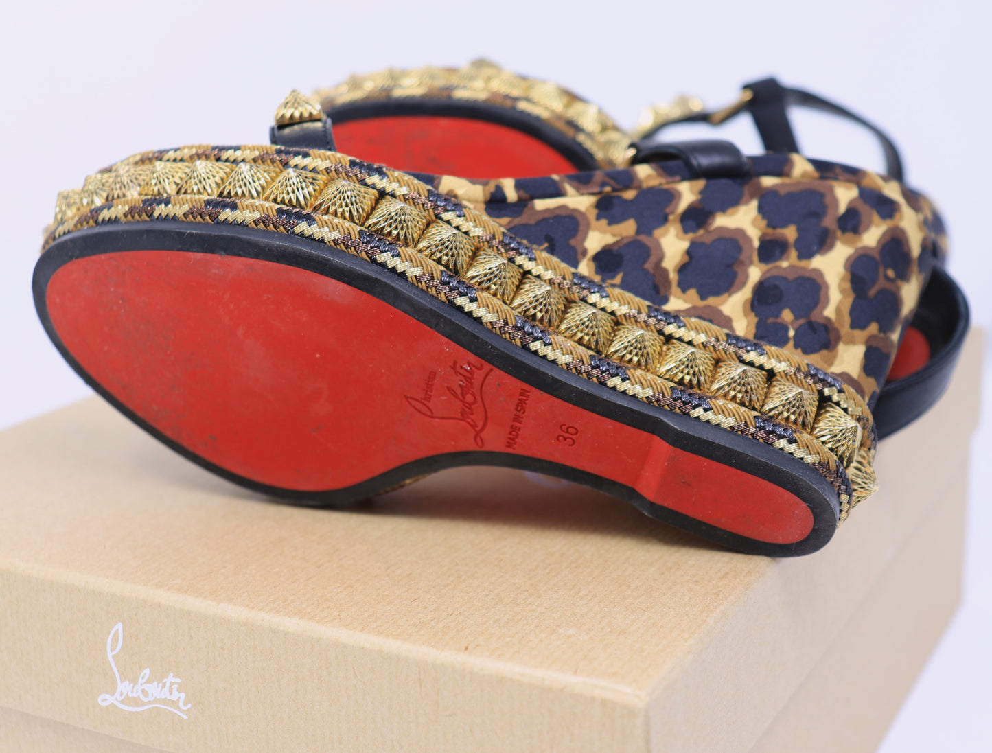 Christian Louboutin Nappa Silk Leopard Pira Ryad 110 Wedge Sandals 36 Black Marron