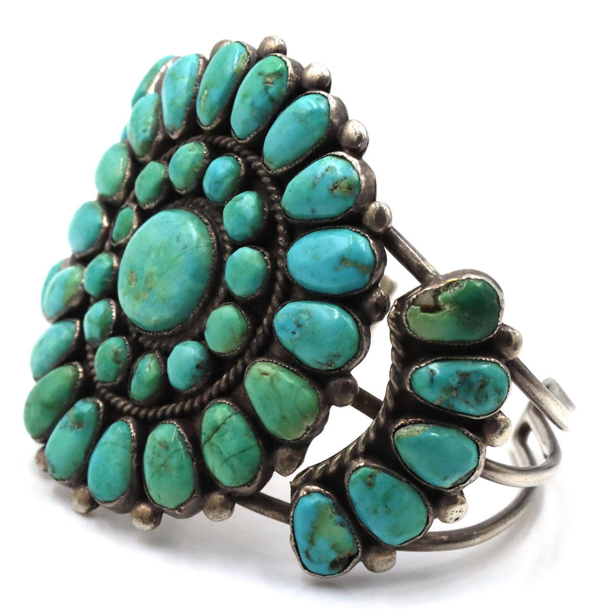 925 Sterling Silver Vintage Natiove American Natrural Turquoise Cluster Cuff Bracelet Featuring a La