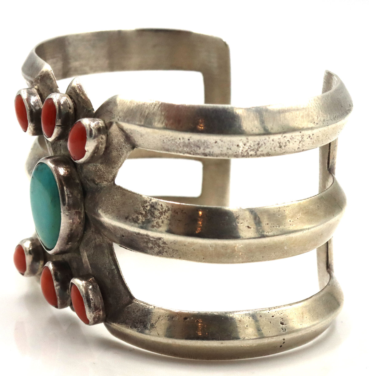925 Sterling Silver Vintage Coral Turquoise Cuff Bracelet