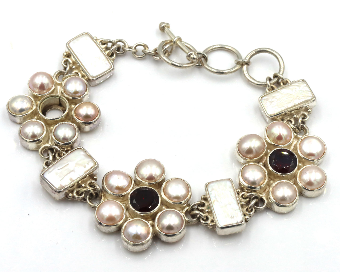 925 Sterling silver Sejan signed pearl flower style link toggle bracelet