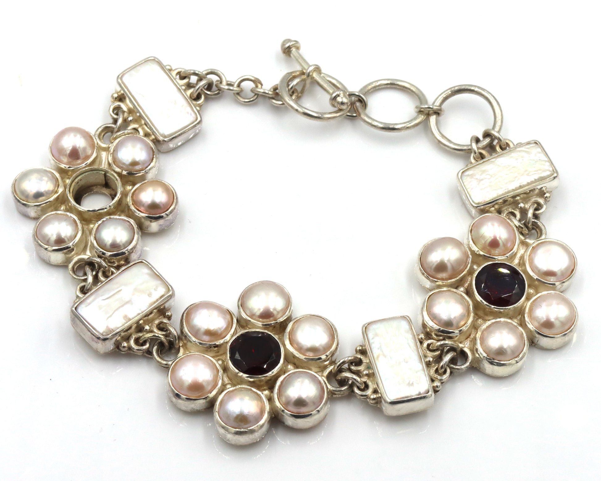 925 Sterling silver Sejan signed pearl flower style link toggle bracelet