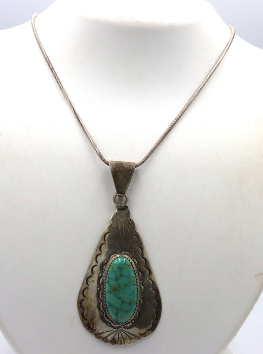 925 Sterling Silver Large Vintage Native Amewrican Turquoise Pendant with Italian Chain