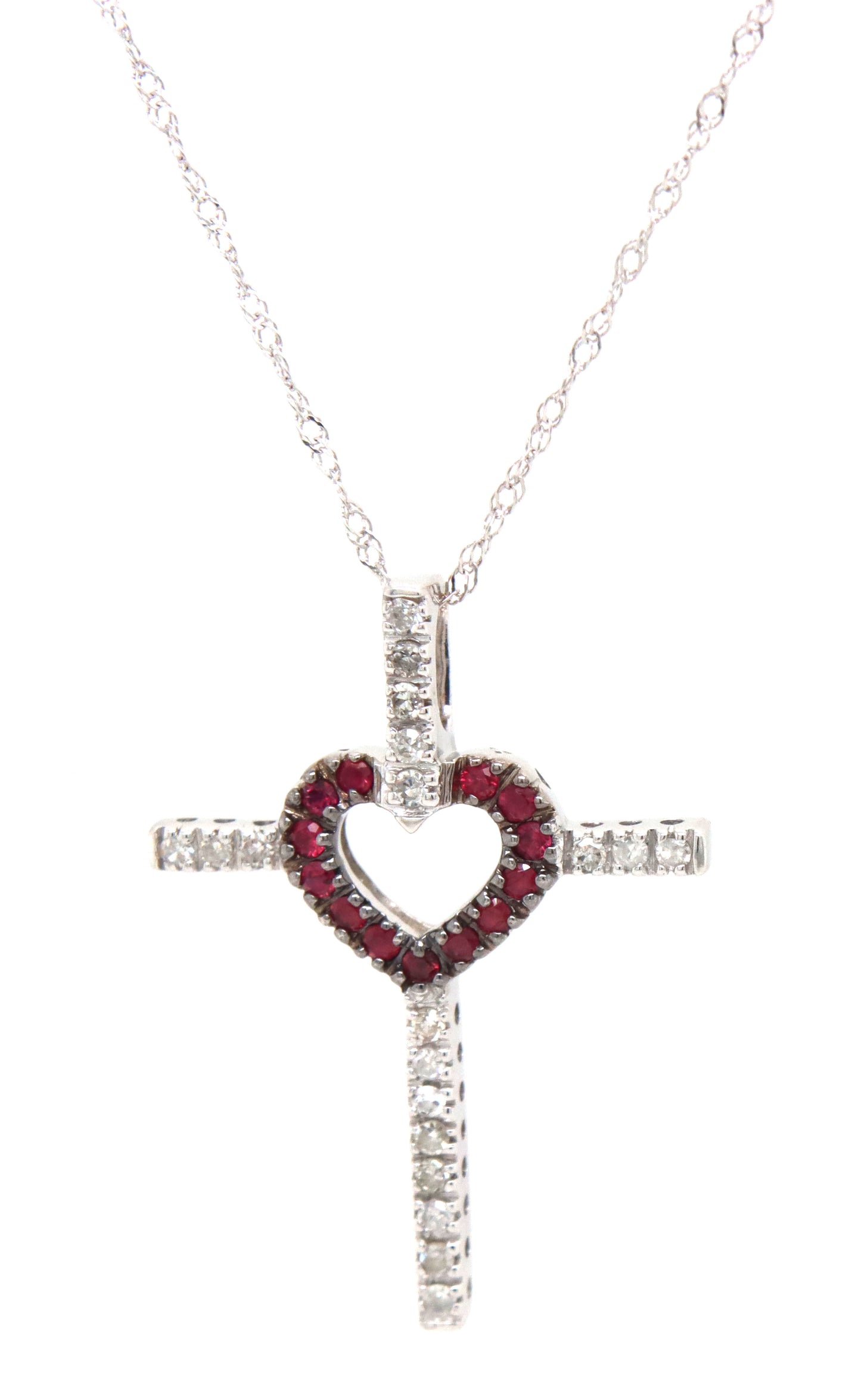 14kt White gold ruby and diamond heart cross pendant on chain