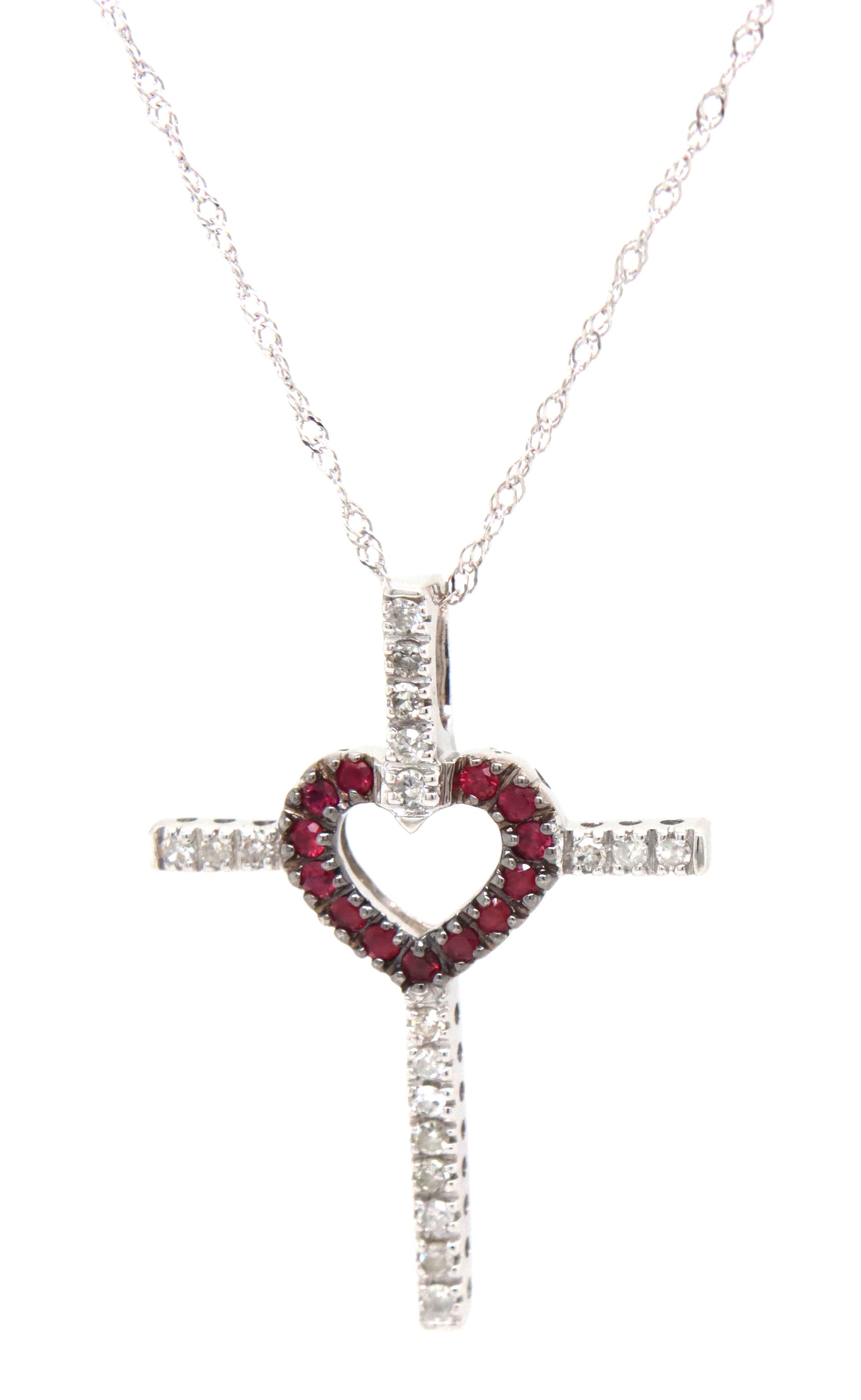 14kt White gold ruby and diamond heart cross pendant on chain