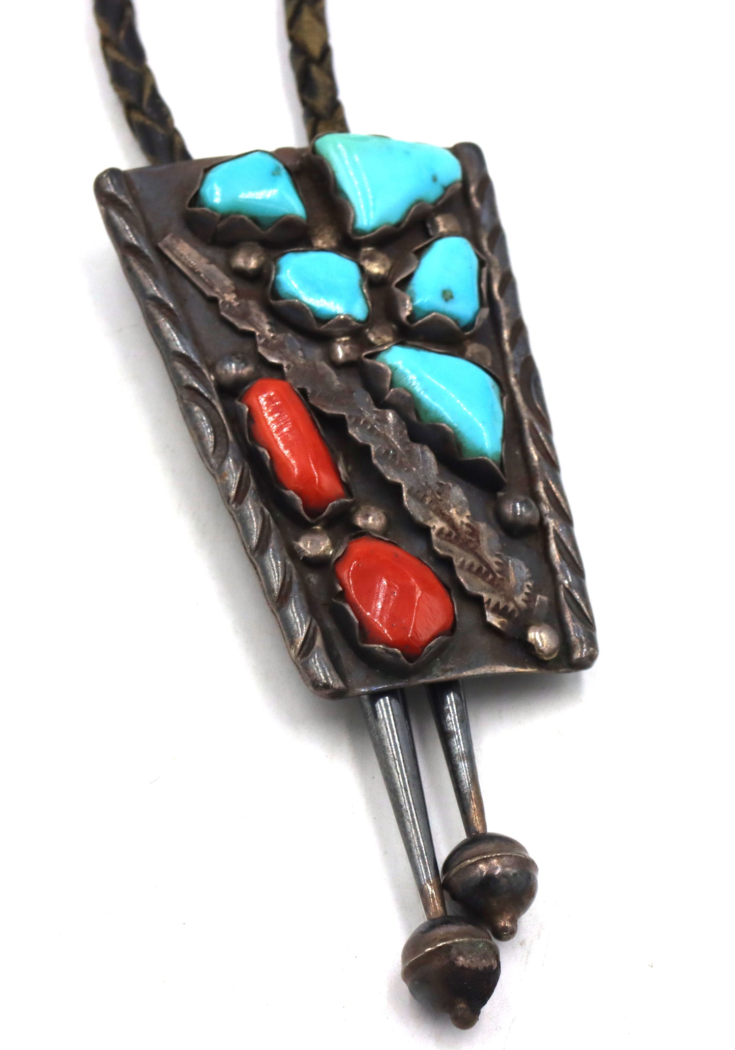 Vintage 925 sterling silver Wayne C Signed turquoise and coral Bolo tie