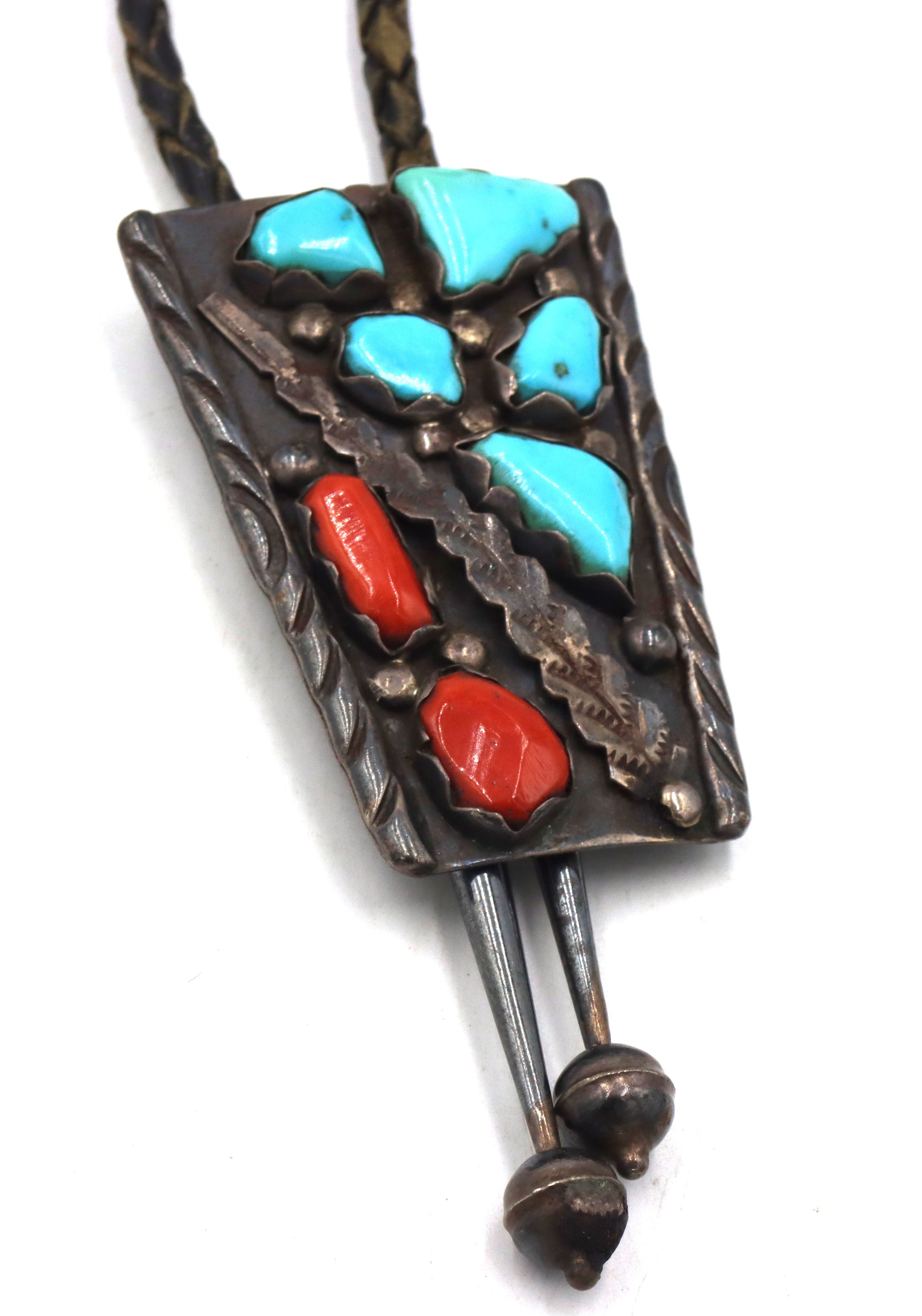 Vintage 925 sterling silver Wayne C Signed turquoise and coral Bolo tie