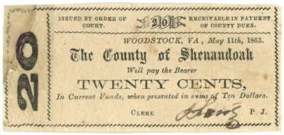 1863 County of Shenandoah, Virginia 20 Cents Obsolete Note