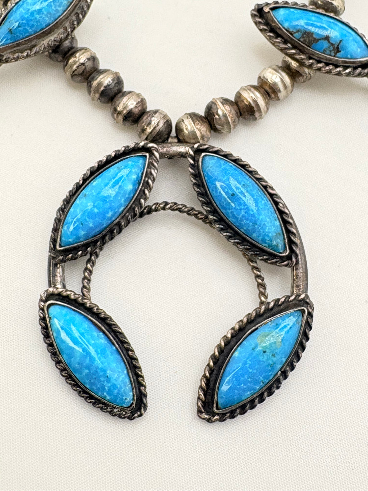 925 Sterling Silver Vintage Native American Turquoise Squash Blossom Necklace With Central Naja Pend